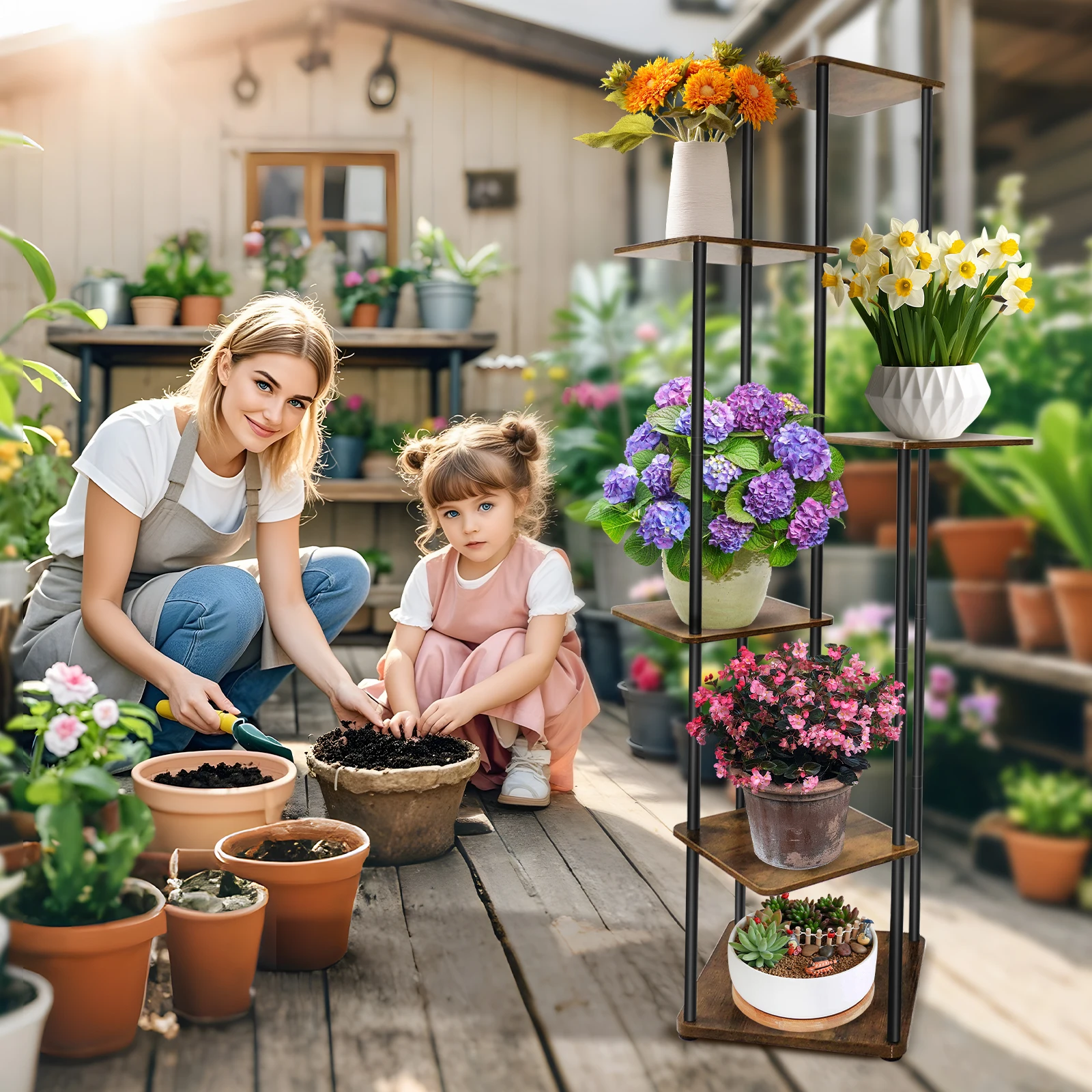 4/5/6 Tier Plant Stand Flower Display Rack, Heavy Duty and Stable, Metal Frame and Wooden Board, for Indoor Outdoor Garden