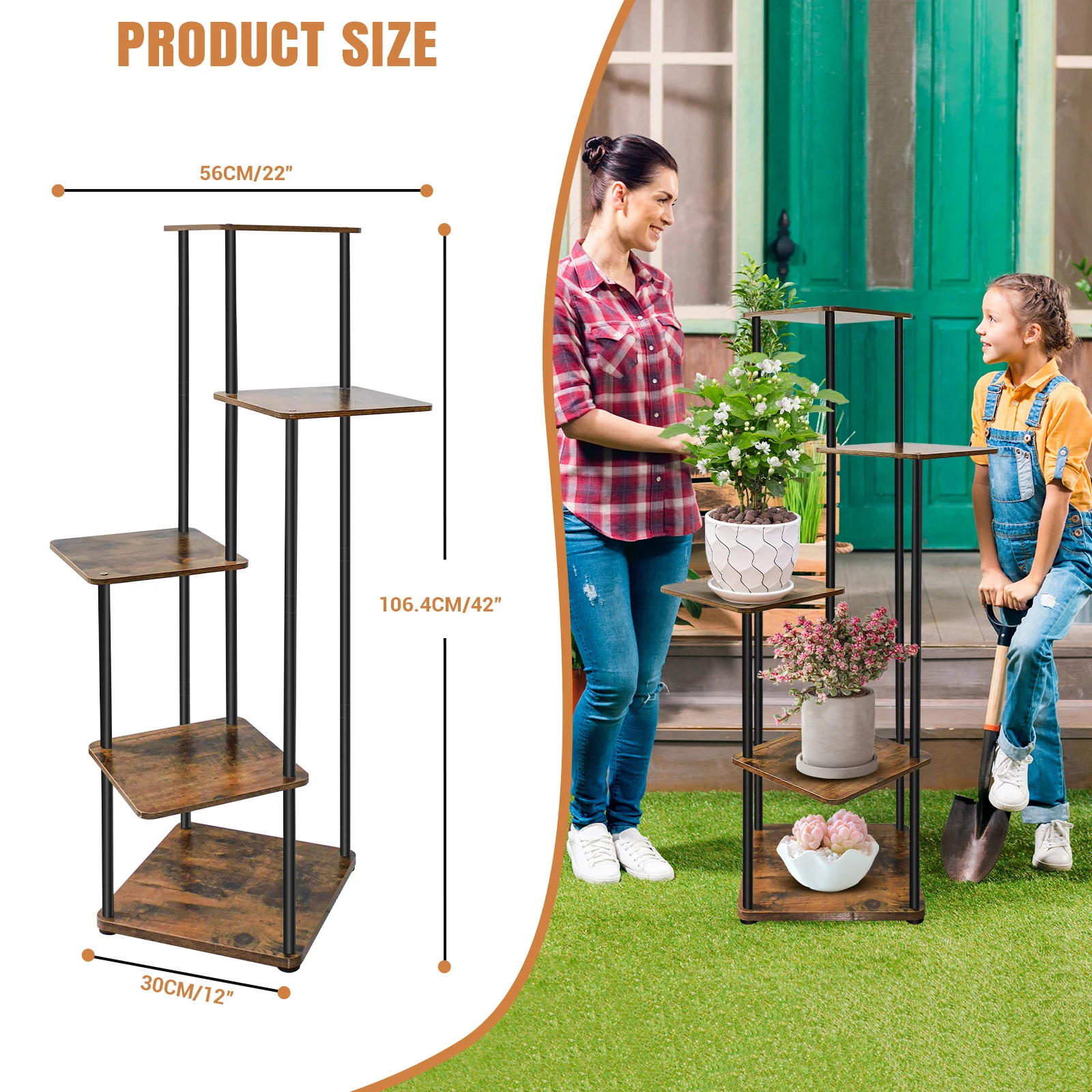 4/5/6 Tier Plant Stand Flower Display Rack, Heavy Duty and Stable, Metal Frame and Wooden Board, for Indoor Outdoor Garden