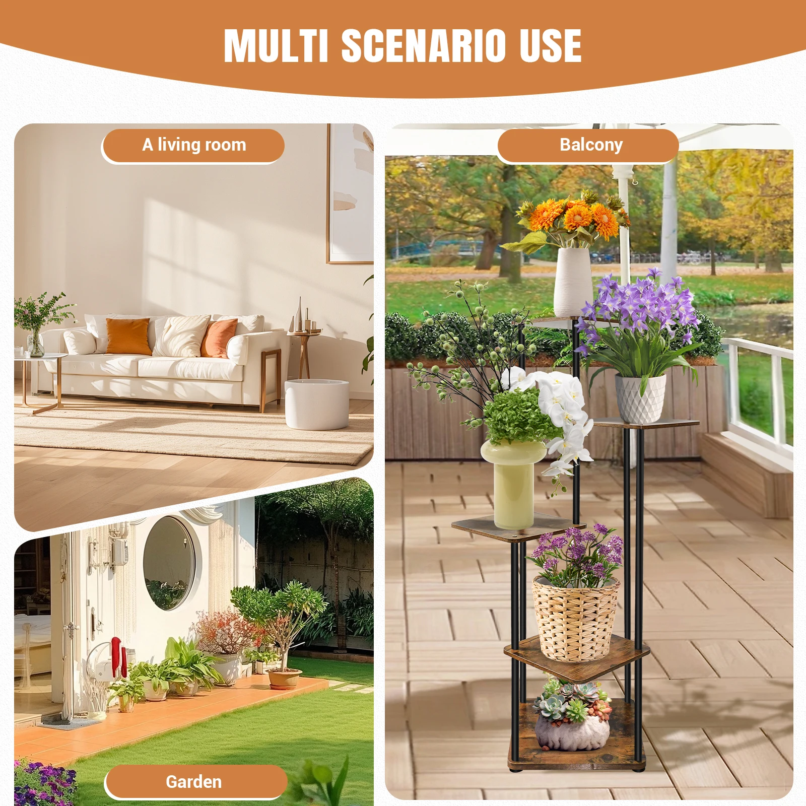 4/5/6 Tier Plant Stand Flower Display Rack, Heavy Duty and Stable, Metal Frame and Wooden Board, for Indoor Outdoor Garden