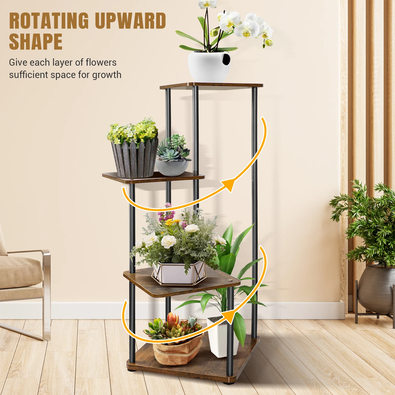 4/5/6 Tier Plant Stand Flower Display Rack, Heavy Duty and Stable, Metal Frame and Wooden Board, for Indoor Outdoor Garden