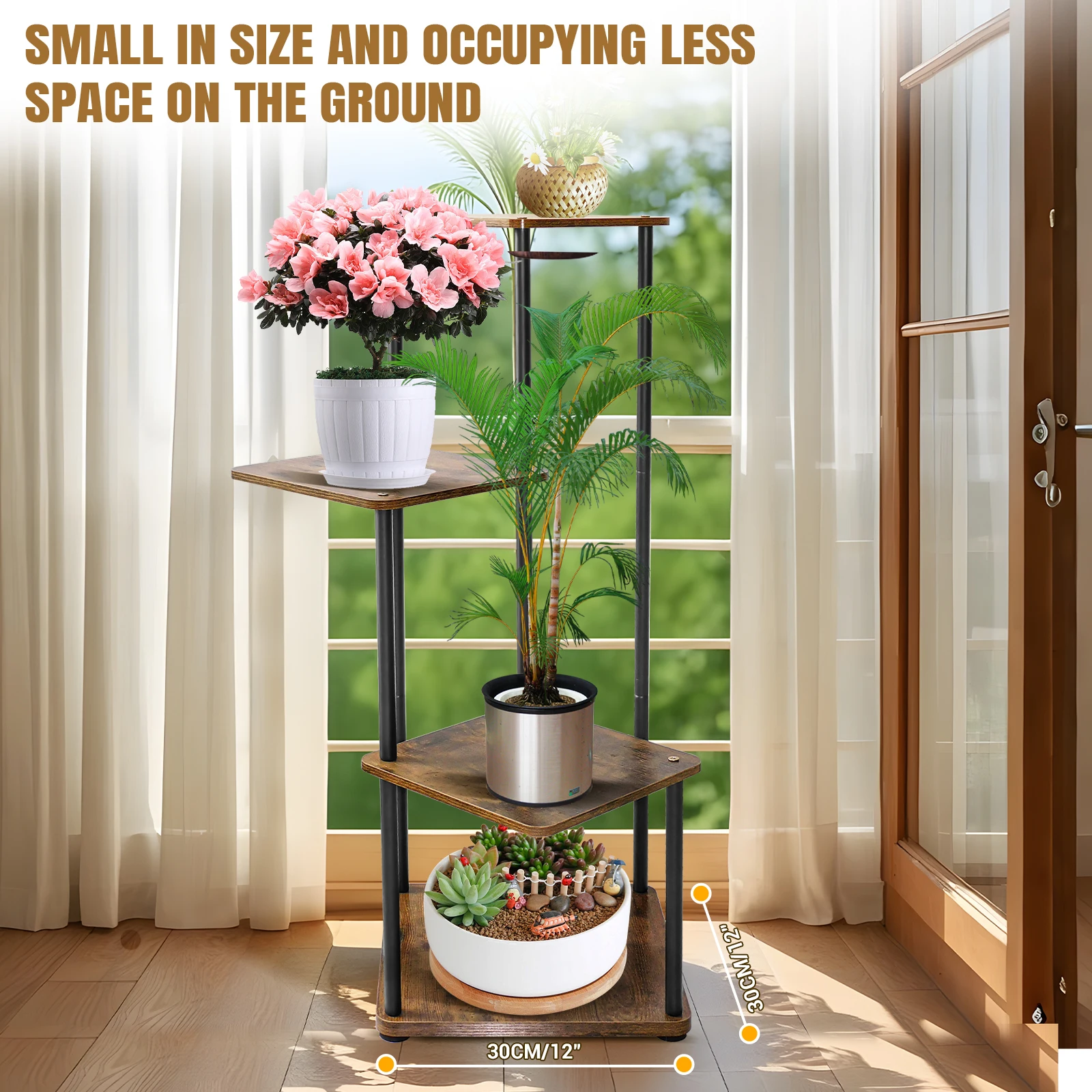 4/5/6 Tier Plant Stand Flower Display Rack, Heavy Duty and Stable, Metal Frame and Wooden Board, for Indoor Outdoor Garden