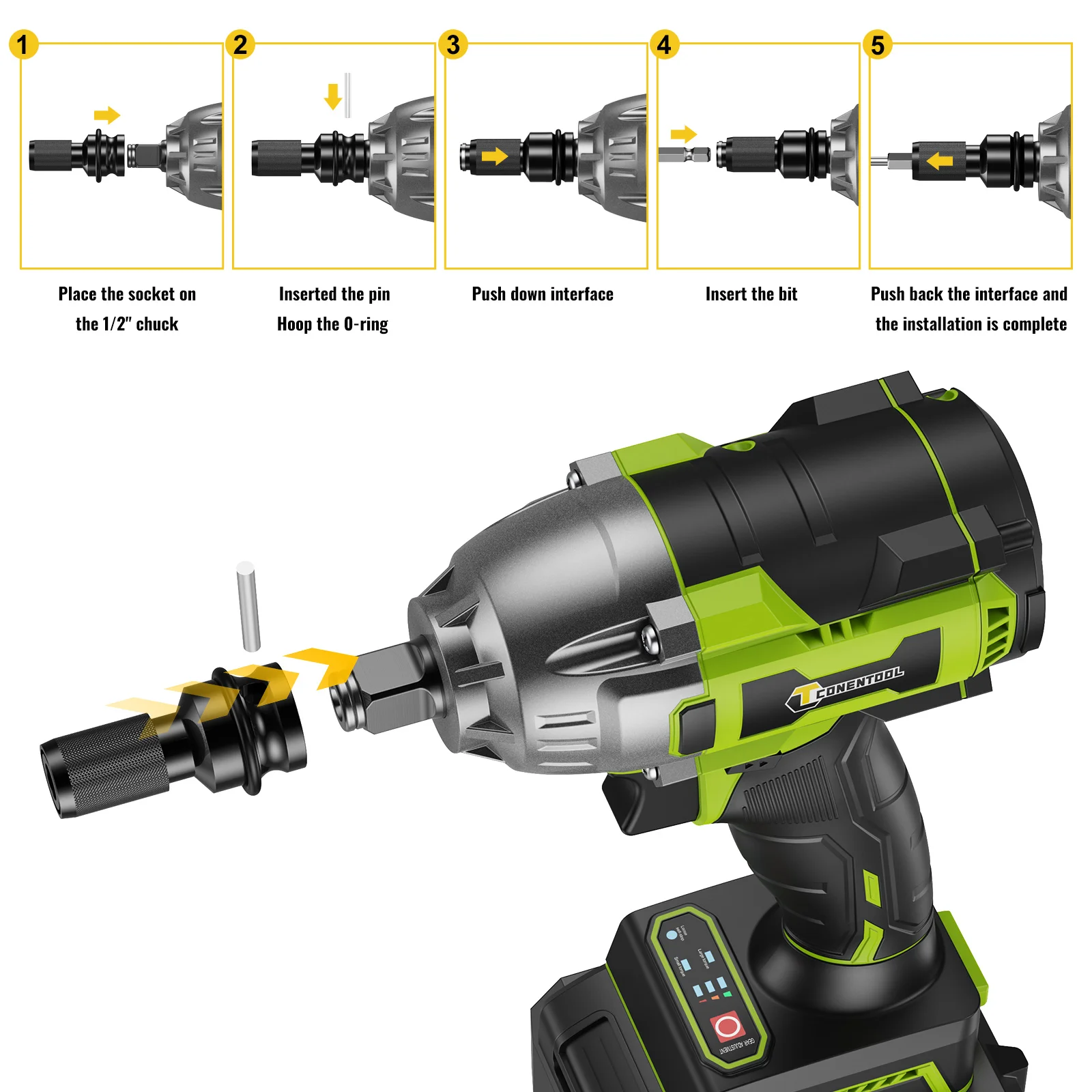 CONENTOOL 520Nm Cordless Impact Wrench 1/2” Brushless Power Tool 21V with 2x 4000mAh Batteries Electric Impact Gun for Car Home