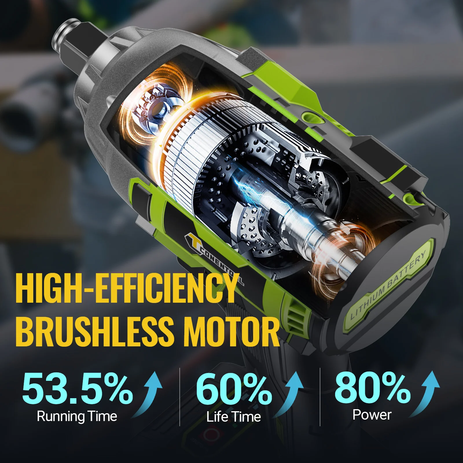 CONENTOOL 520Nm Cordless Impact Wrench 1/2” Brushless Power Tool 21V with 2x 4000mAh Batteries Electric Impact Gun for Car Home