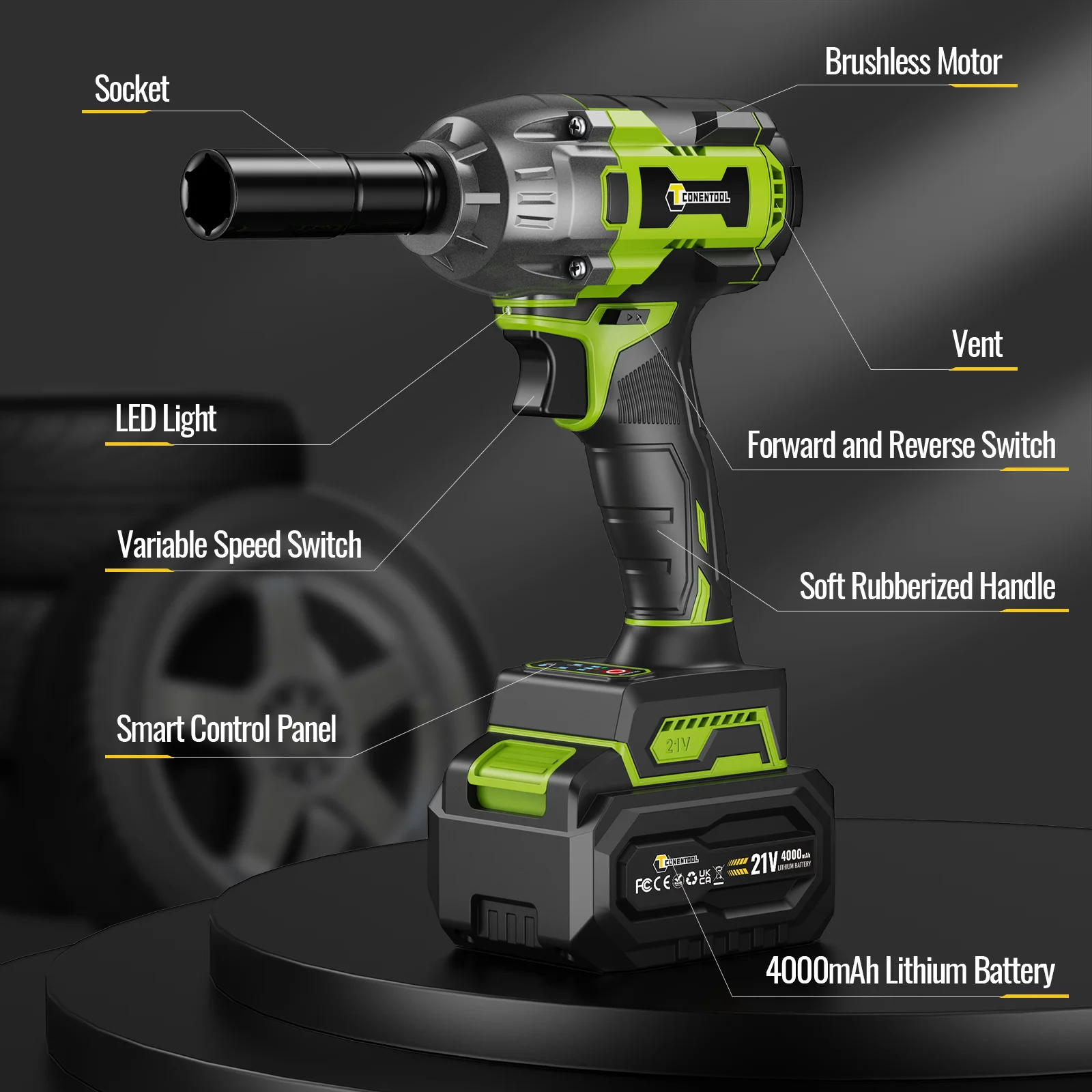 CONENTOOL 520Nm Cordless Impact Wrench 1/2” Brushless Power Tool 21V with 2x 4000mAh Batteries Electric Impact Gun for Car Home