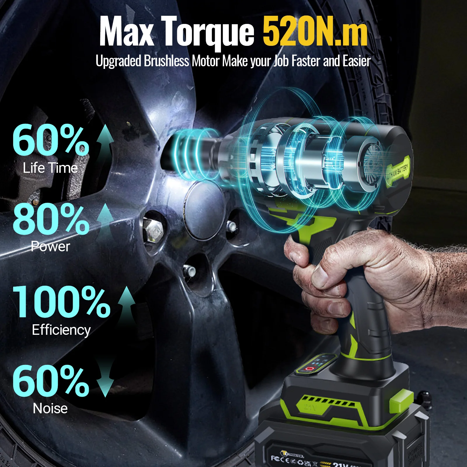 CONENTOOL 520Nm Cordless Impact Wrench 1/2” Brushless Power Tool 21V with 2x 4000mAh Batteries Electric Impact Gun for Car Home