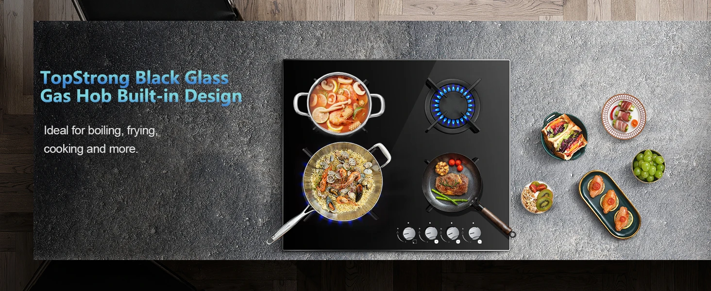 60cm 4 Burner Gas Hob with Wok Burner - 8060W Black Glass Cooker & Flame Failure Protection | NG/LPG Convertible for UK Kitchens