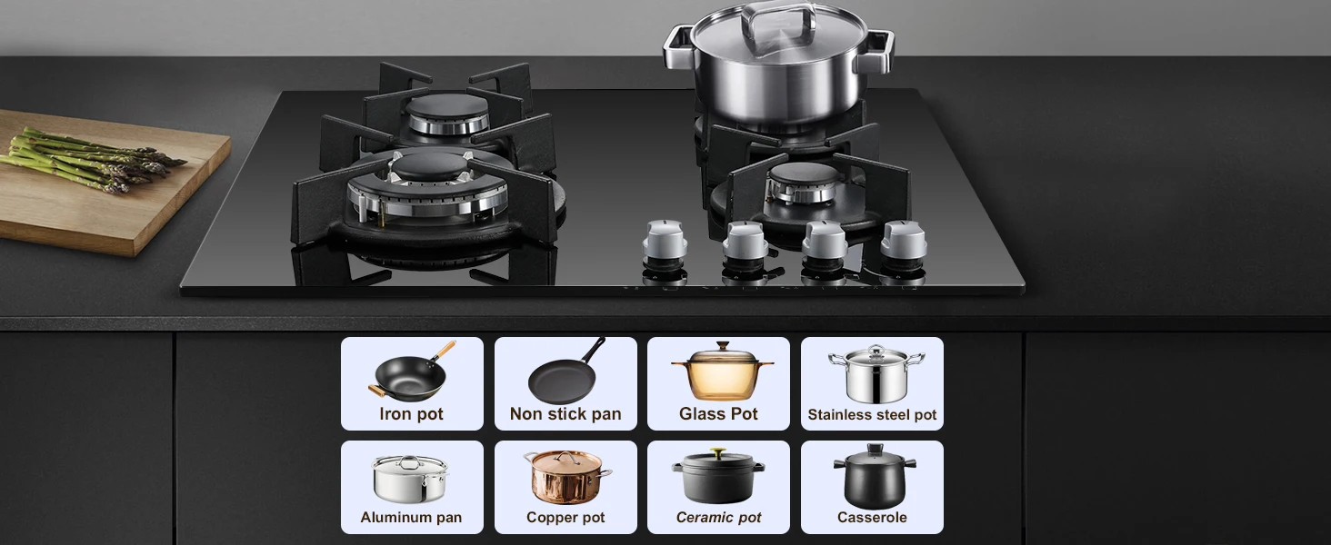 60cm 4 Burner Gas Hob with Wok Burner - 8060W Black Glass Cooker & Flame Failure Protection | NG/LPG Convertible for UK Kitchens