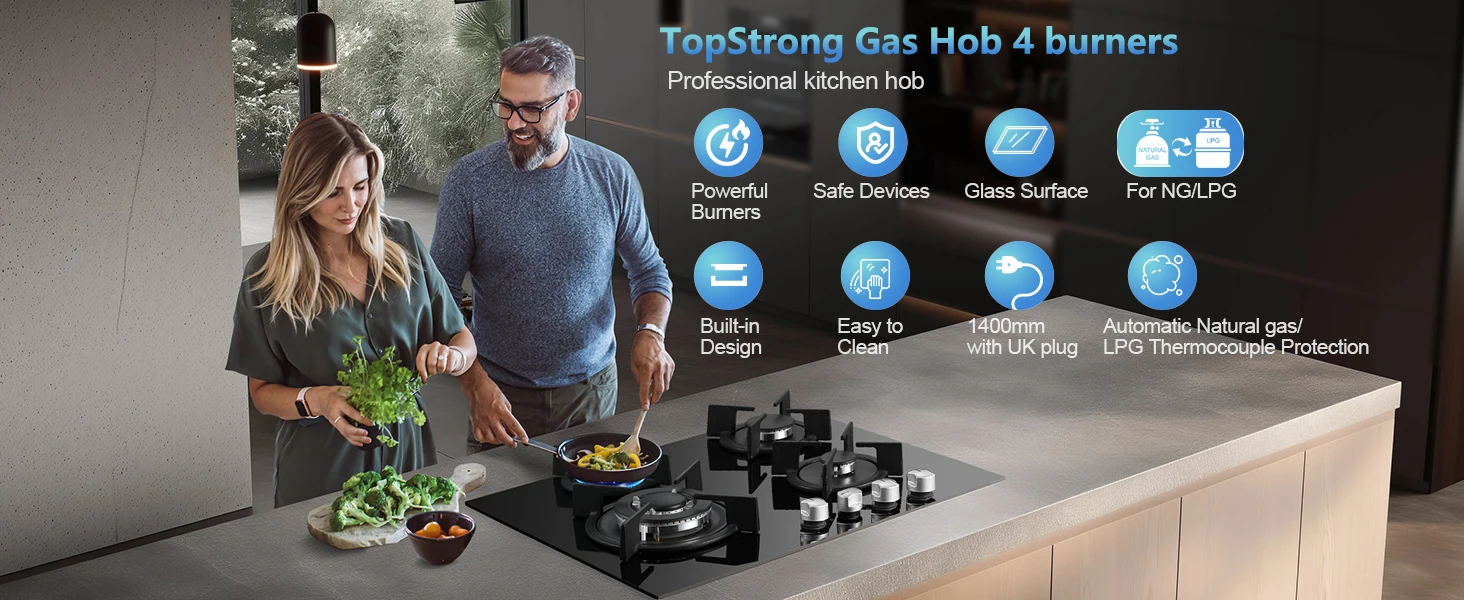 60cm 4 Burner Gas Hob with Wok Burner - 8060W Black Glass Cooker & Flame Failure Protection | NG/LPG Convertible for UK Kitchens