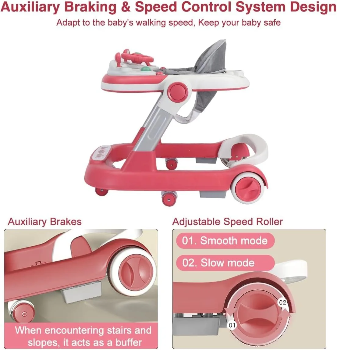 2 in 1 Baby Walker, Toddler Baby Push Walker with Removable Feeding Tray and Music Tray(Without Battery), Foldable Walker
