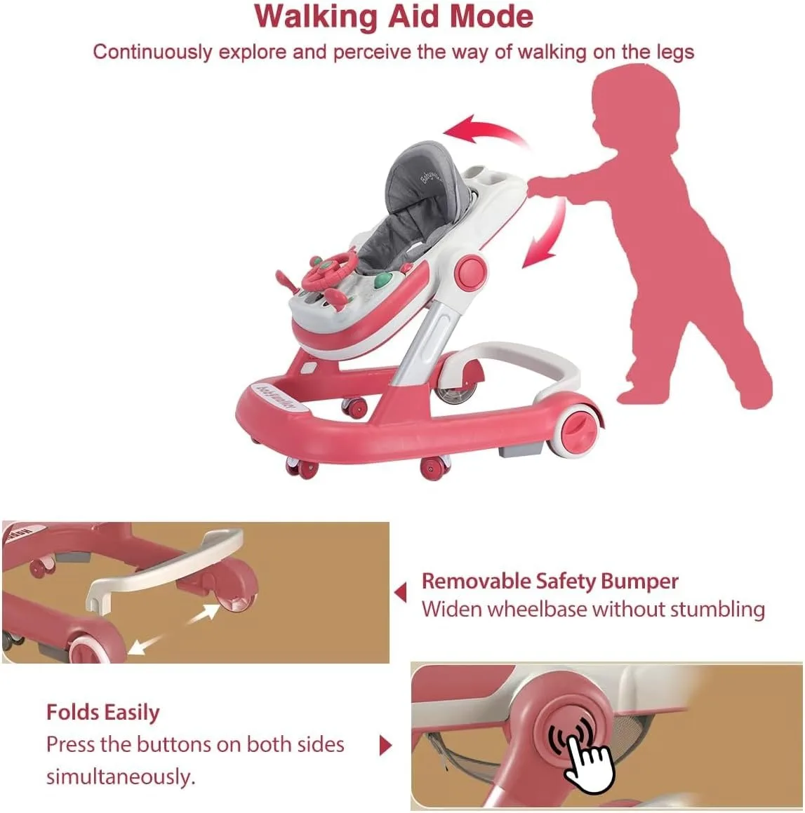 2 in 1 Baby Walker, Toddler Baby Push Walker with Removable Feeding Tray and Music Tray(Without Battery), Foldable Walker