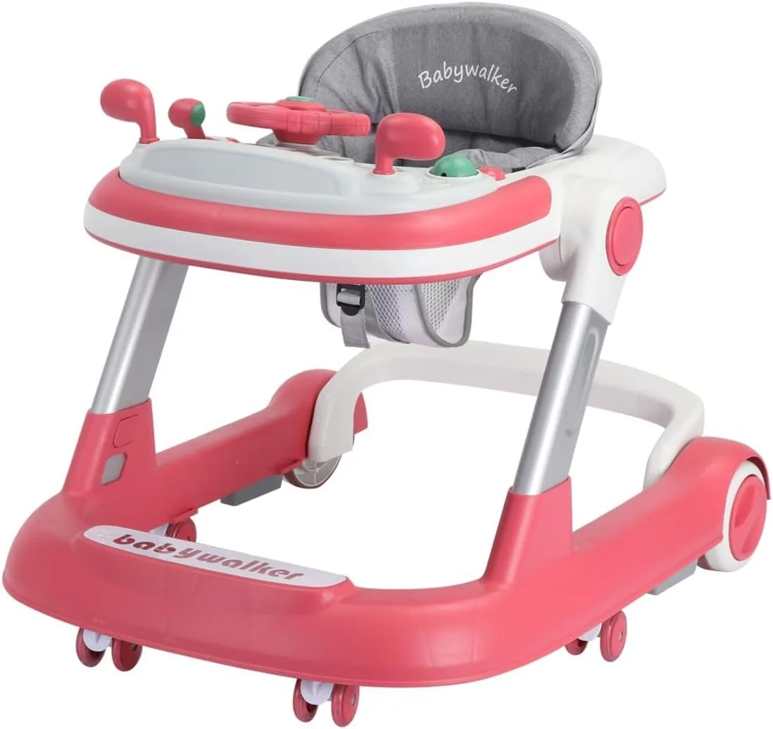 2 in 1 Baby Walker, Toddler Baby Push Walker with Removable Feeding Tray and Music Tray(Without Battery), Foldable Walker