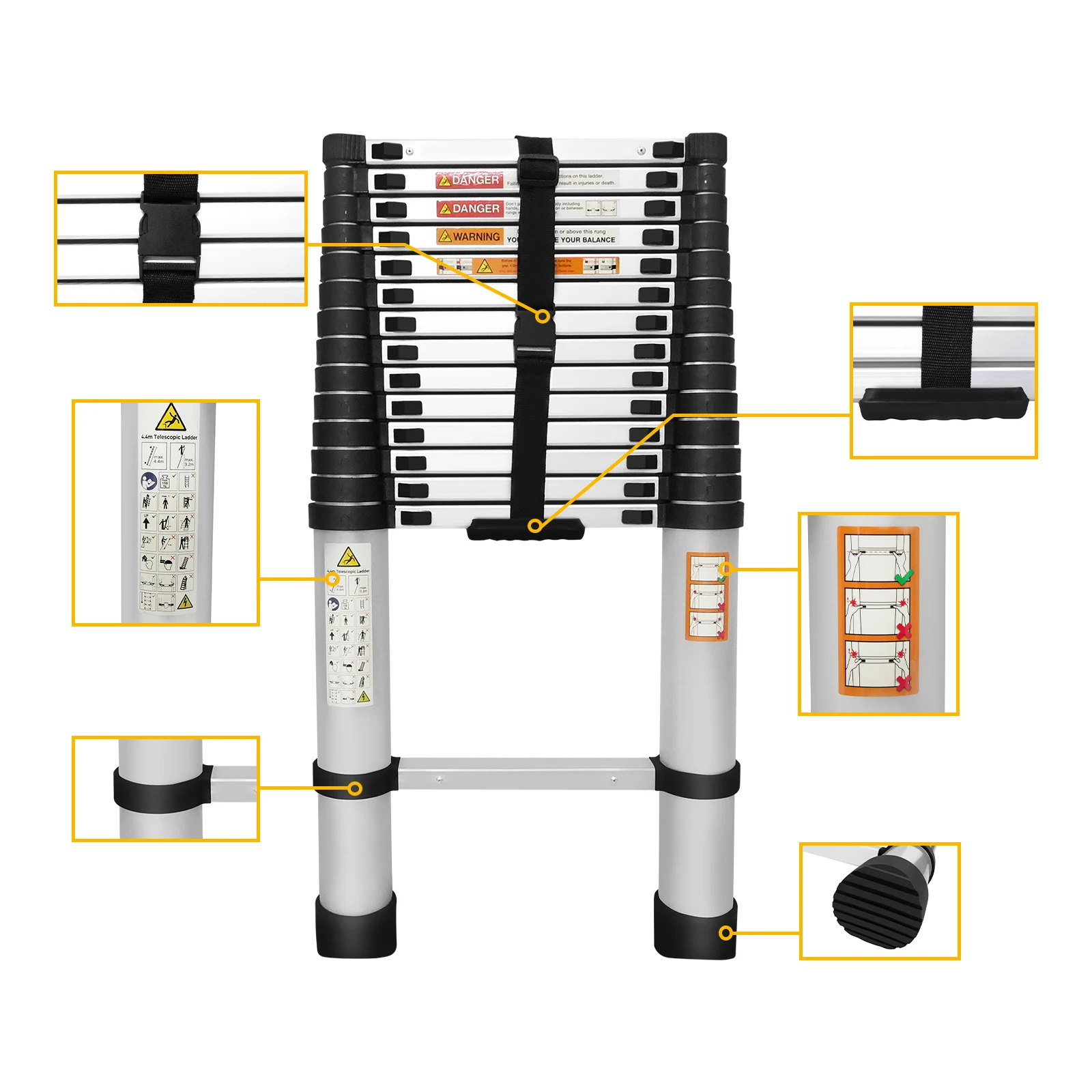Multi-Size Aluminium Telescopic Ladder with Non-Slip Feet,Adjustable Lightweight Ladder for Home or Caravan, 330lb Load Capacity