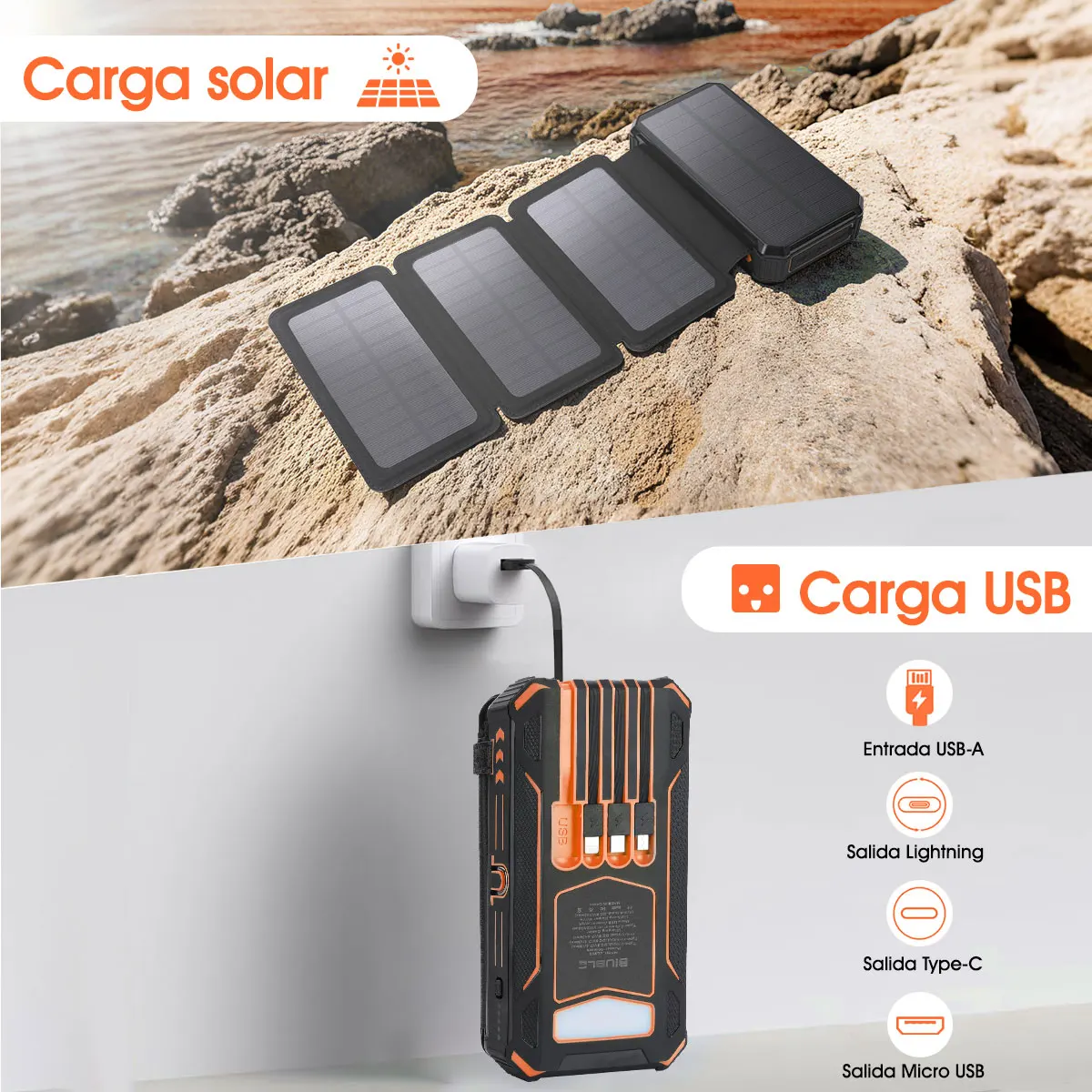 Solar Mobile Power Bank Portable Fast Charging 20000mAh With Wire Suitable for iPhone Xiaomi Huawei