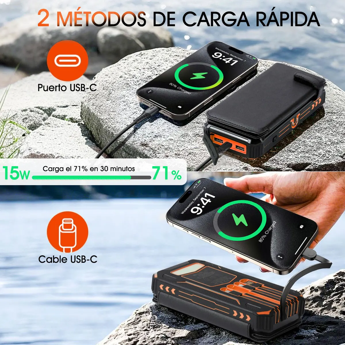 Solar Mobile Power Bank Portable Fast Charging 20000mAh With Wire Suitable for iPhone Xiaomi Huawei