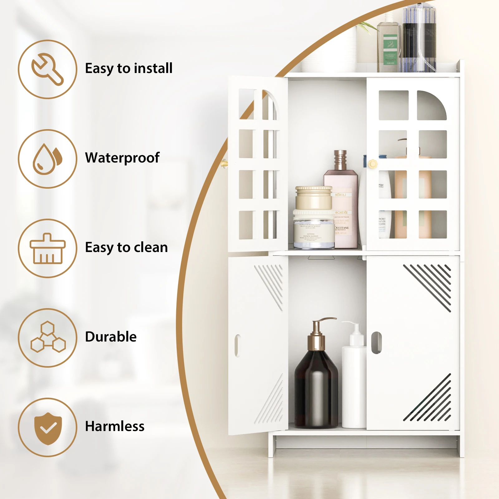 3 Tier Bathroom Floor Cabinet, White Storage Cabinet with Door, Free Standing Shelf Unit for Bathroom, Living Room, Bedroom