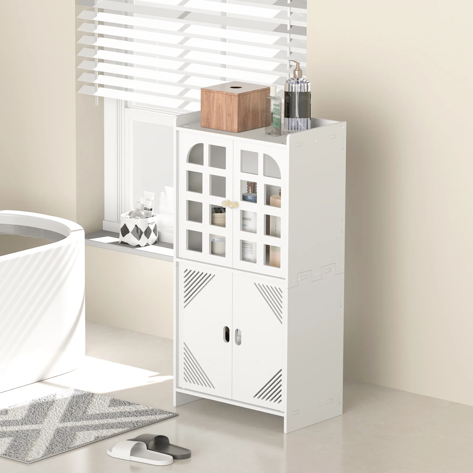 3 Tier Bathroom Floor Cabinet, White Storage Cabinet with Door, Free Standing Shelf Unit for Bathroom, Living Room, Bedroom