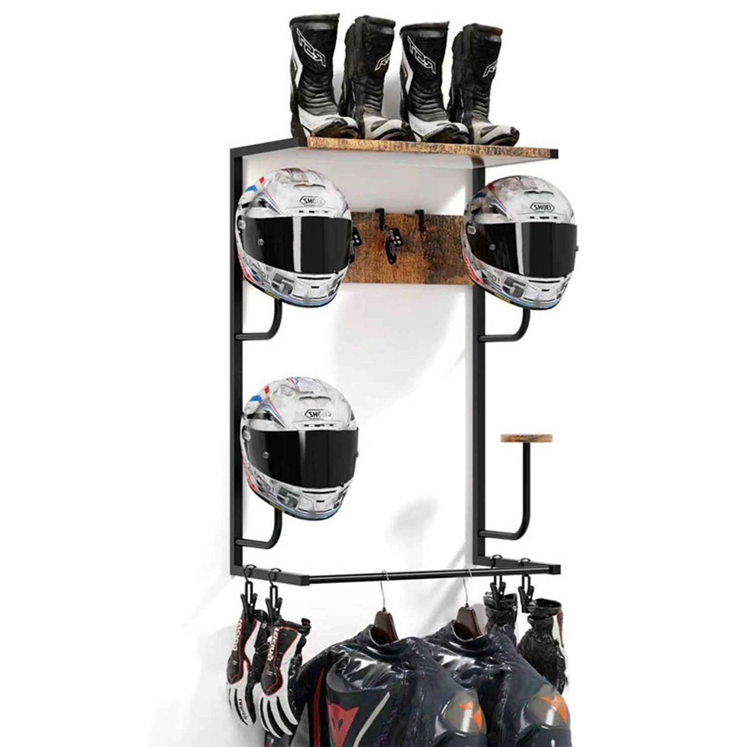 Motorcycle Helmet Holder, Wall-Mounted Rack With 4 Glove Chips & Hooks, Bike Helmets Storage Organizer For Helmets Gear Clothes