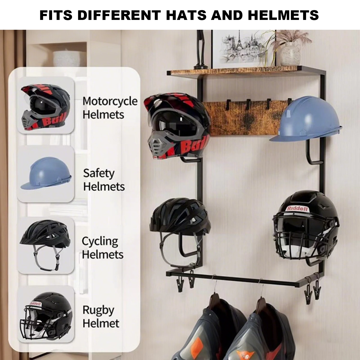 Motorcycle Helmet Holder, Wall-Mounted Rack With 4 Glove Chips & Hooks, Bike Helmets Storage Organizer For Helmets Gear Clothes