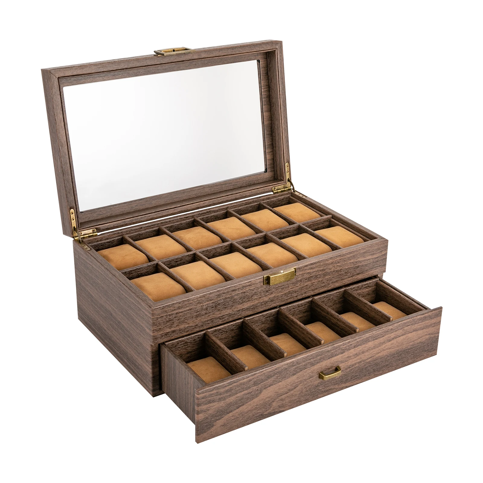 24-Bit Watch Box, 2-Tier Rustic Brown Watch Display Case with Glass Window, Tabletop Jewelry Storage Organizer for Men & Women