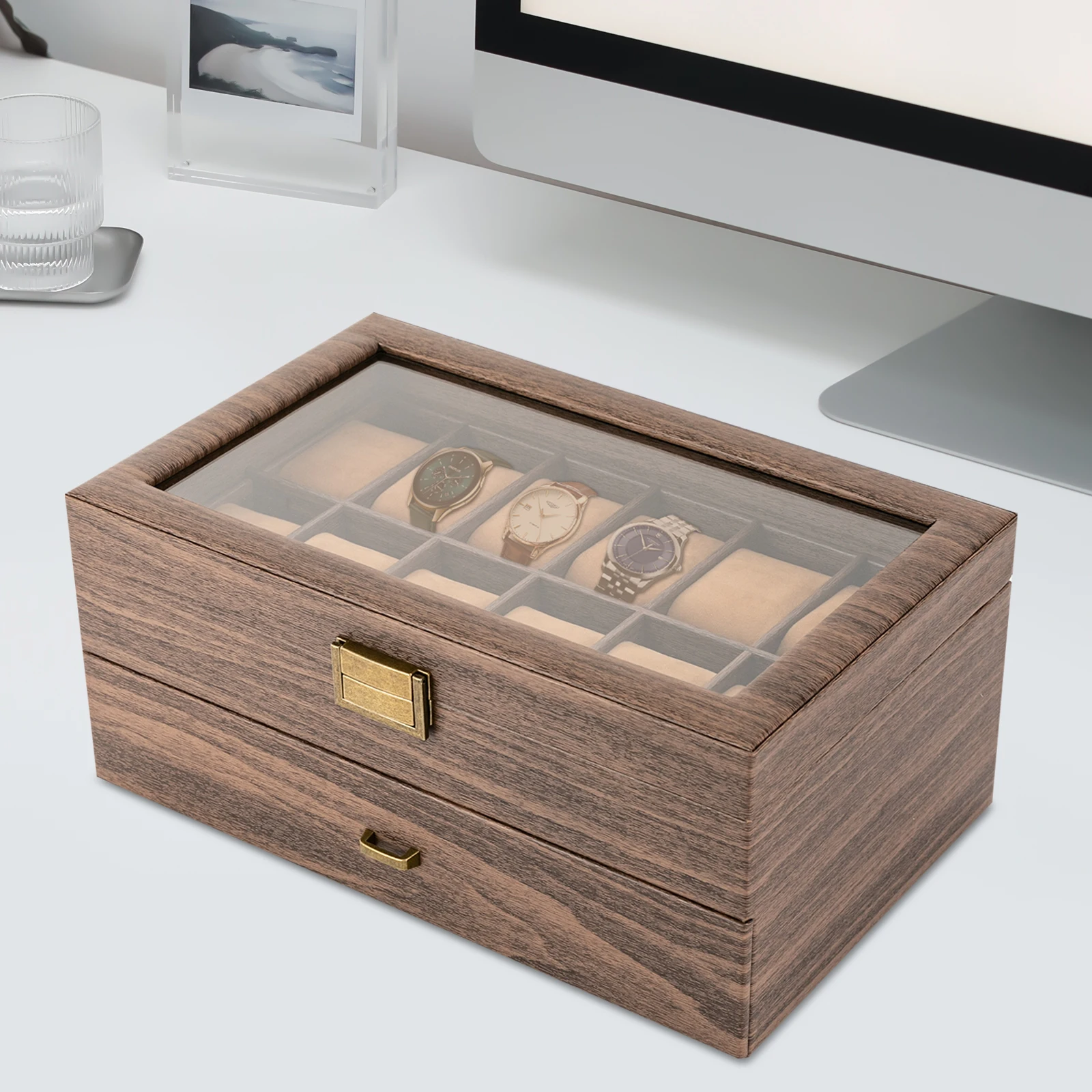 24-Bit Watch Box, 2-Tier Rustic Brown Watch Display Case with Glass Window, Tabletop Jewelry Storage Organizer for Men & Women