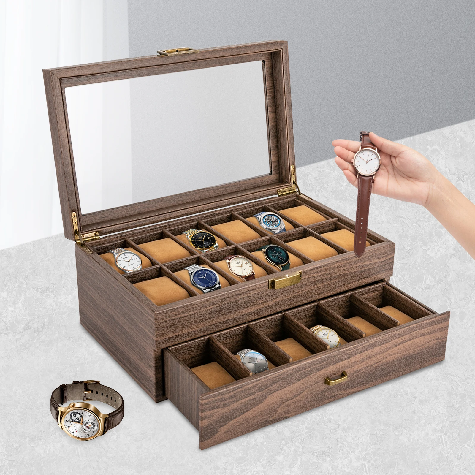 24-Bit Watch Box, 2-Tier Rustic Brown Watch Display Case with Glass Window, Tabletop Jewelry Storage Organizer for Men & Women