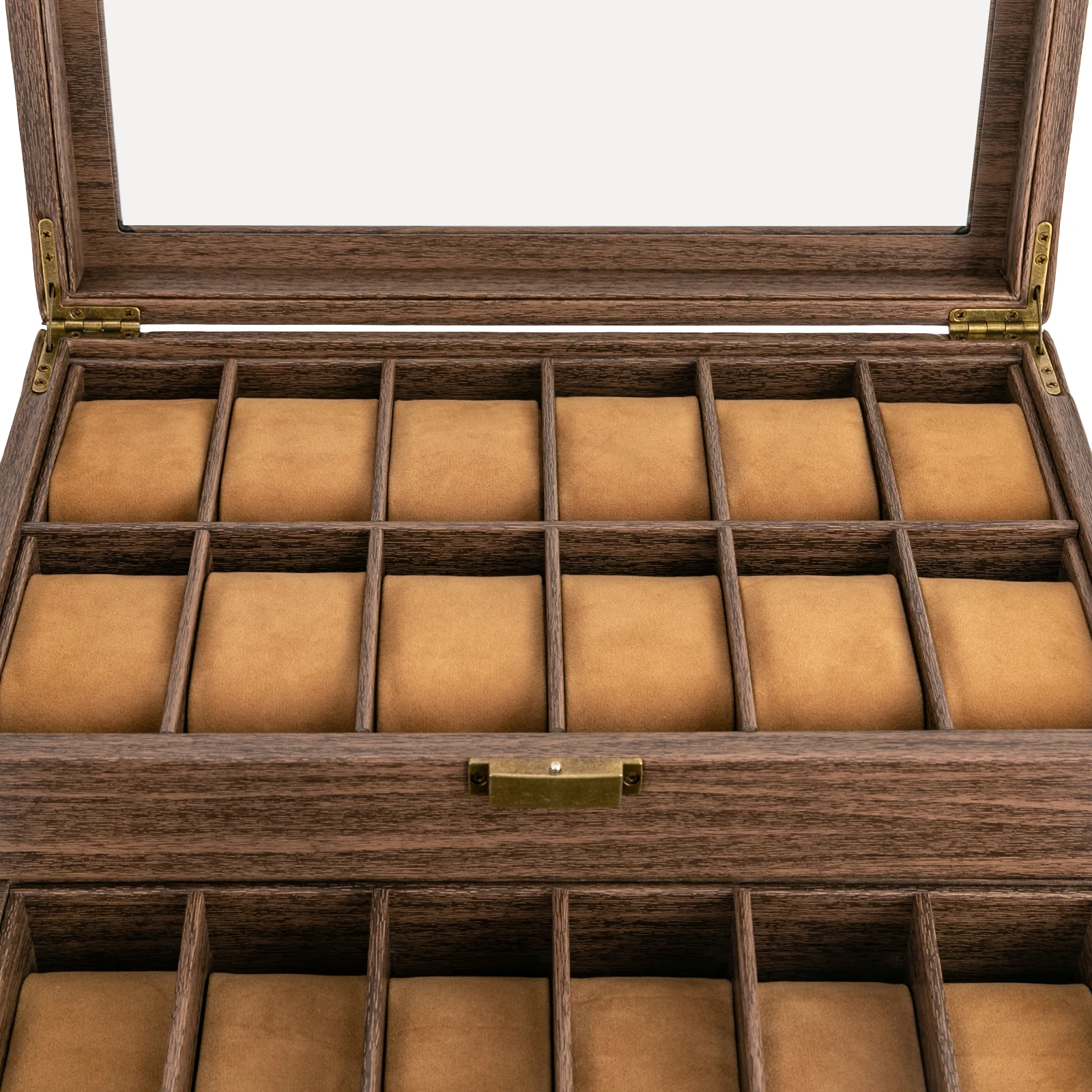 24-Bit Watch Box, 2-Tier Rustic Brown Watch Display Case with Glass Window, Tabletop Jewelry Storage Organizer for Men & Women