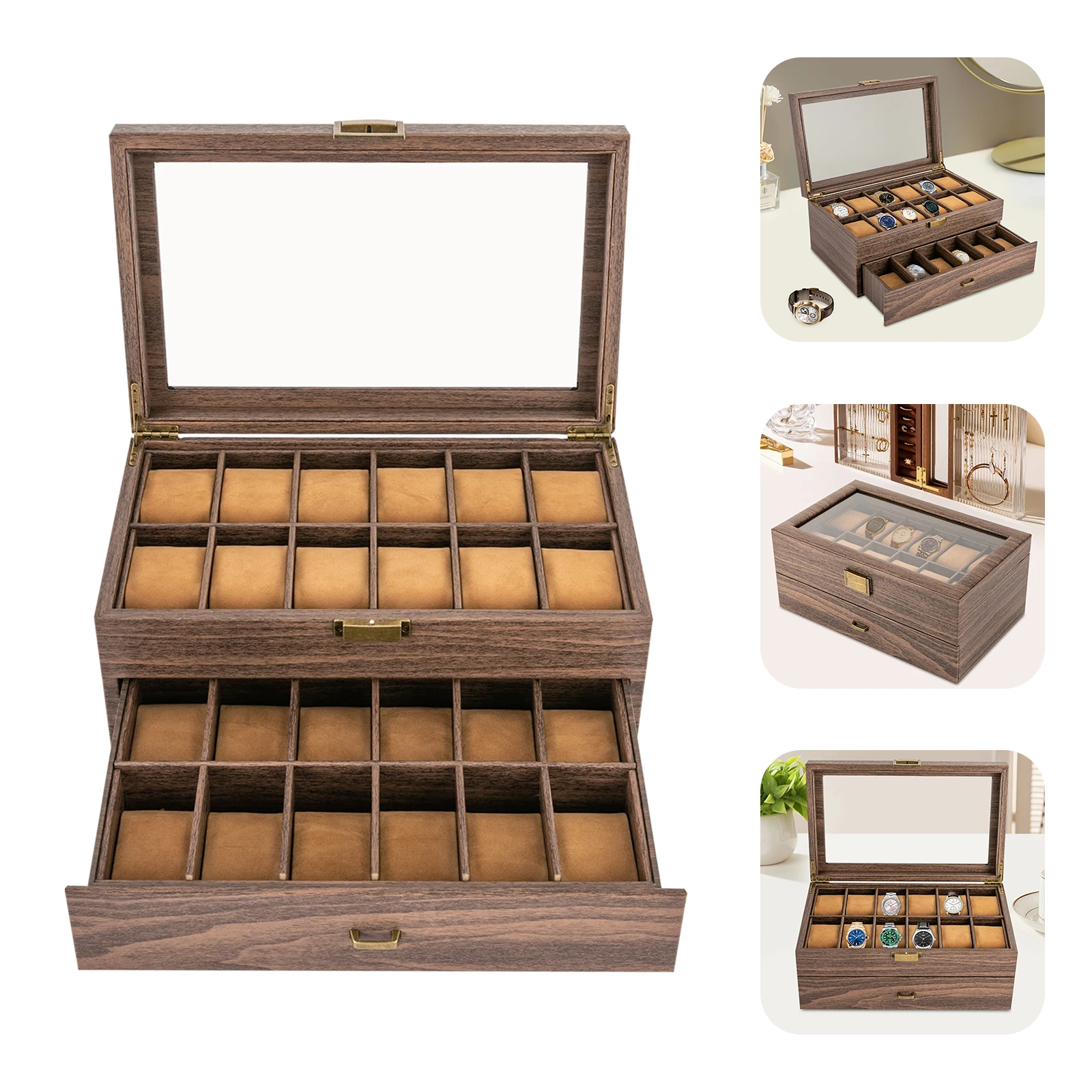 24-Bit Watch Box, 2-Tier Rustic Brown Watch Display Case with Glass Window, Tabletop Jewelry Storage Organizer for Men & Women
