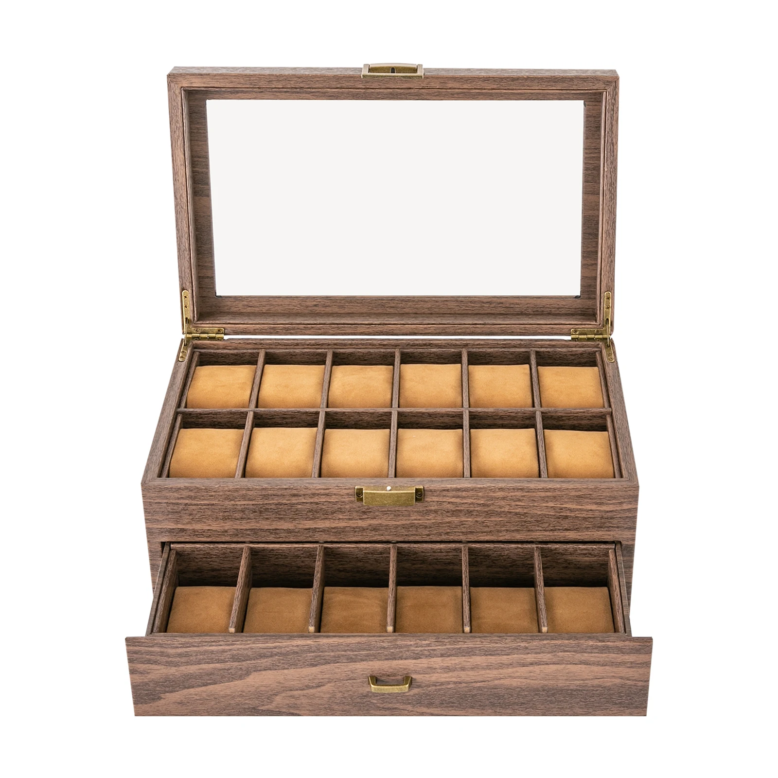 24-Bit Watch Box, 2-Tier Rustic Brown Watch Display Case with Glass Window, Tabletop Jewelry Storage Organizer for Men & Women