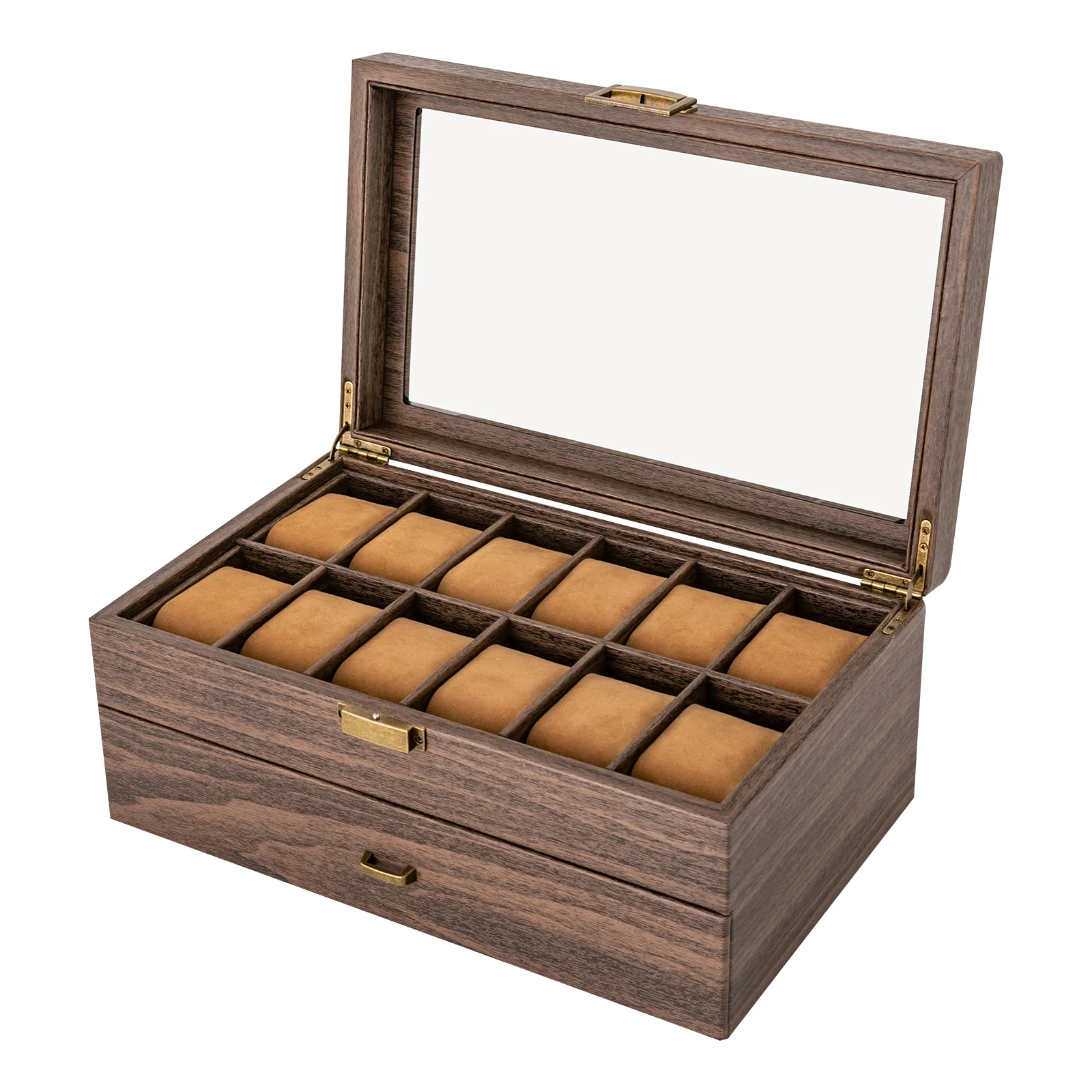 24-Bit Watch Box, 2-Tier Rustic Brown Watch Display Case with Glass Window, Tabletop Jewelry Storage Organizer for Men & Women