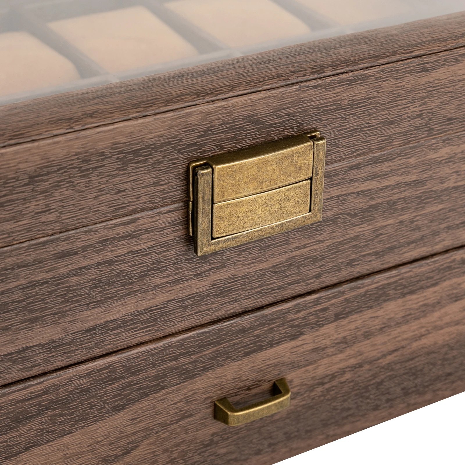 24-Bit Watch Box, 2-Tier Rustic Brown Watch Display Case with Glass Window, Tabletop Jewelry Storage Organizer for Men & Women