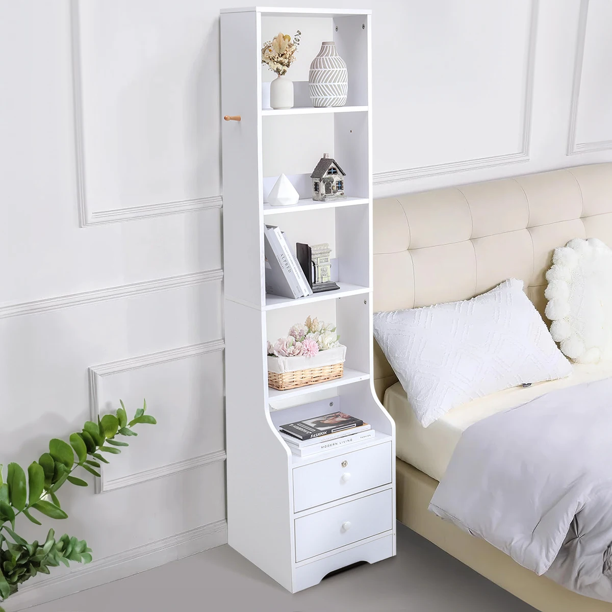 【Lifeideas】White Corner Bookshelf 3/4/5 Layers Wooden Ultra-thin Storage Rack with Lockable Drawer for Living Room Bedroom Hom