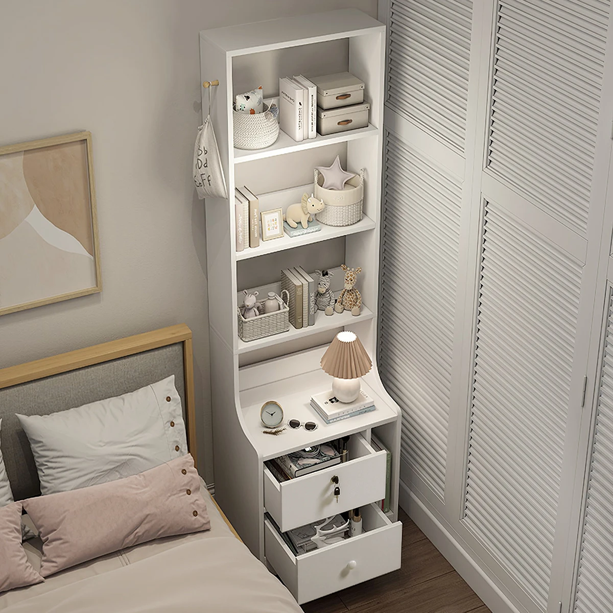【Lifeideas】White Corner Bookshelf 3/4/5 Layers Wooden Ultra-thin Storage Rack with Lockable Drawer for Living Room Bedroom Hom