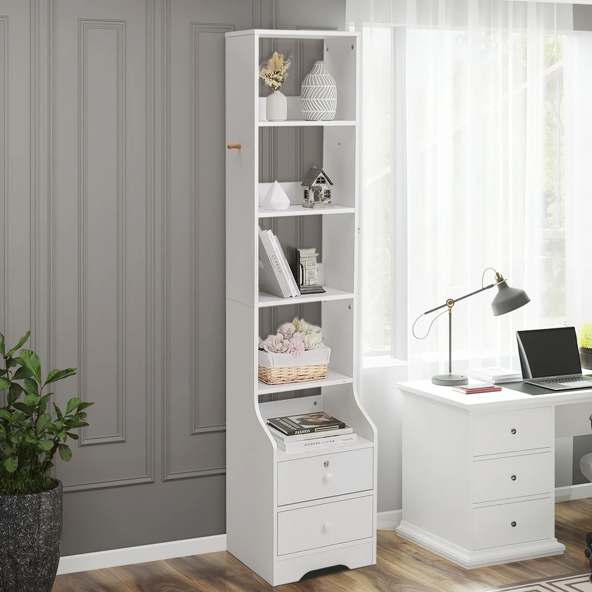 【Lifeideas】White Corner Bookshelf 3/4/5 Layers Wooden Ultra-thin Storage Rack with Lockable Drawer for Living Room Bedroom Hom