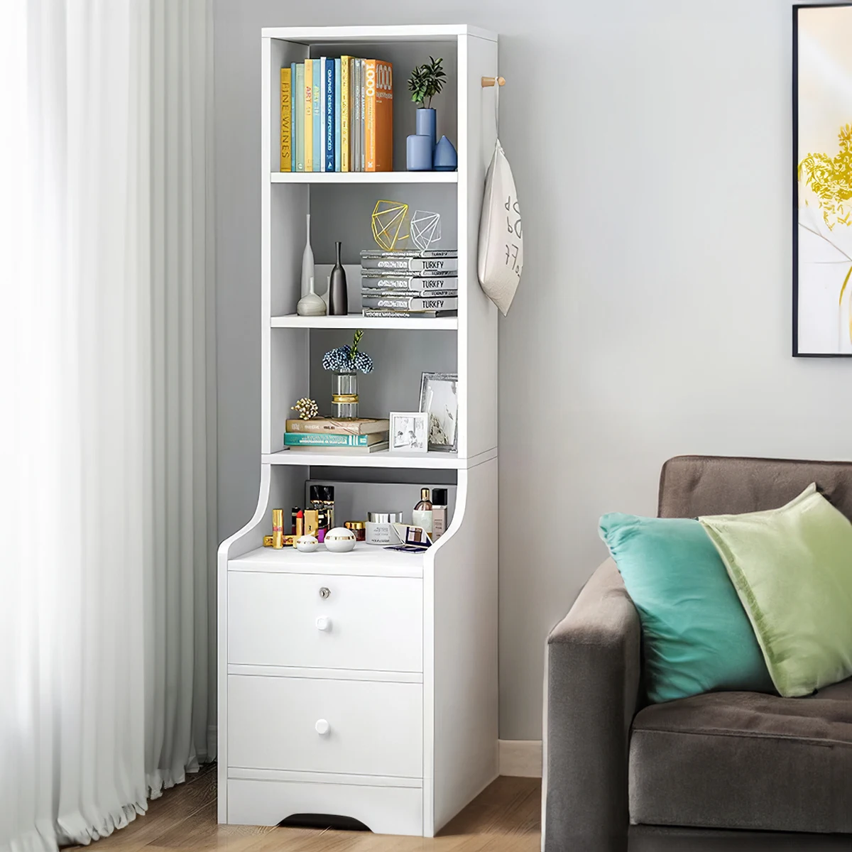 【Lifeideas】White Corner Bookshelf 3/4/5 Layers Wooden Ultra-thin Storage Rack with Lockable Drawer for Living Room Bedroom Hom