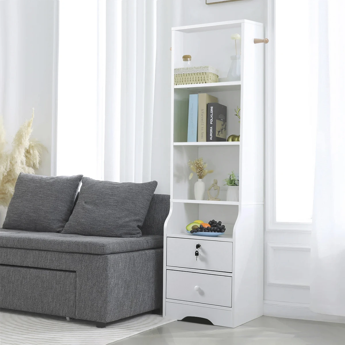 【Lifeideas】White Corner Bookshelf 3/4/5 Layers Wooden Ultra-thin Storage Rack with Lockable Drawer for Living Room Bedroom Hom