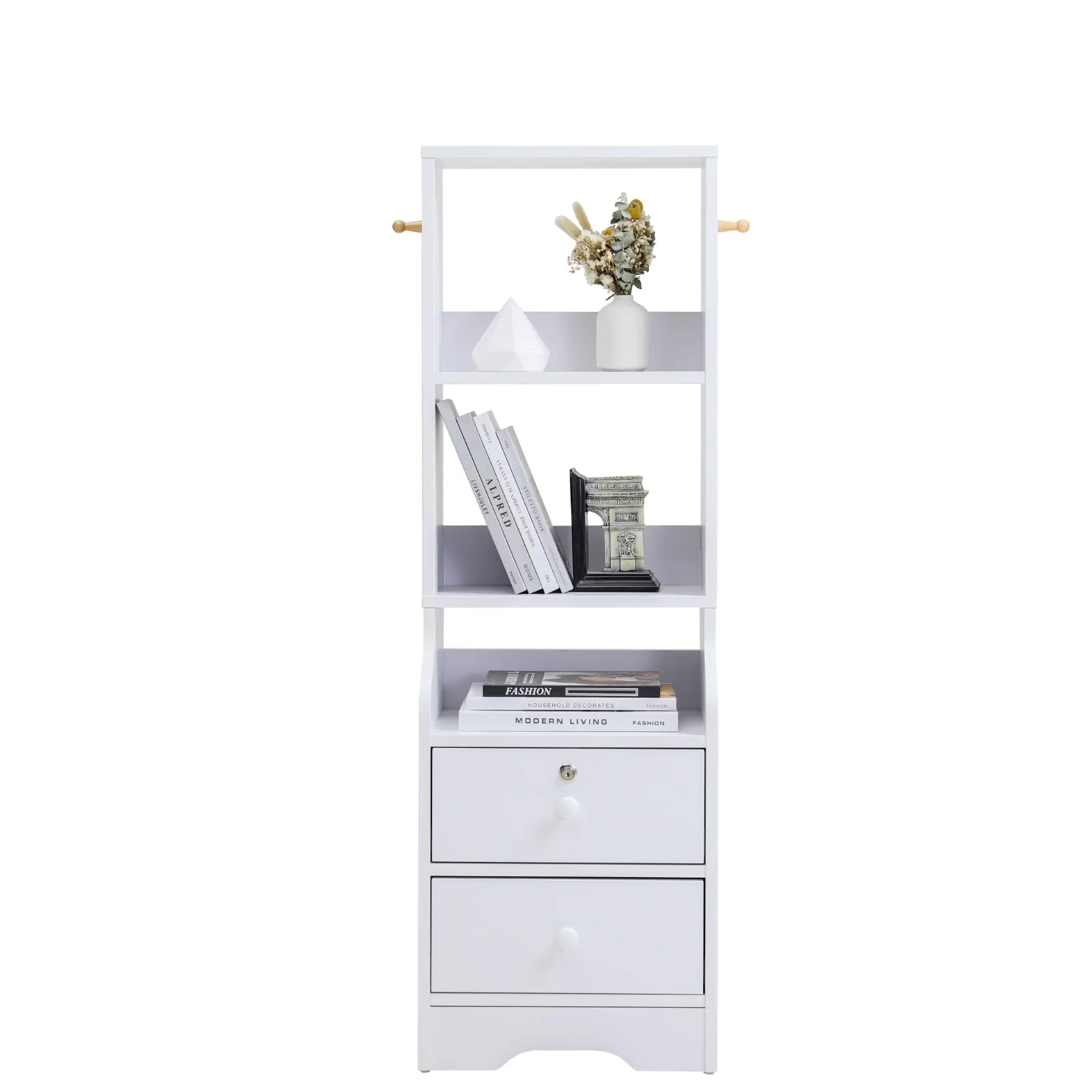 【Lifeideas】White Corner Bookshelf 3/4/5 Layers Wooden Ultra-thin Storage Rack with Lockable Drawer for Living Room Bedroom Hom
