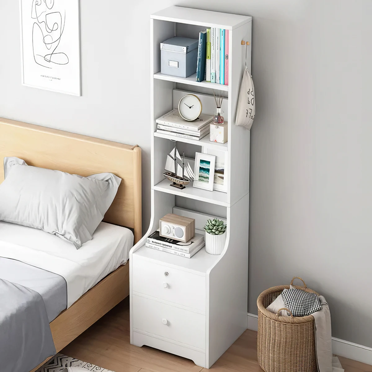 【Lifeideas】White Corner Bookshelf 3/4/5 Layers Wooden Ultra-thin Storage Rack with Lockable Drawer for Living Room Bedroom Hom