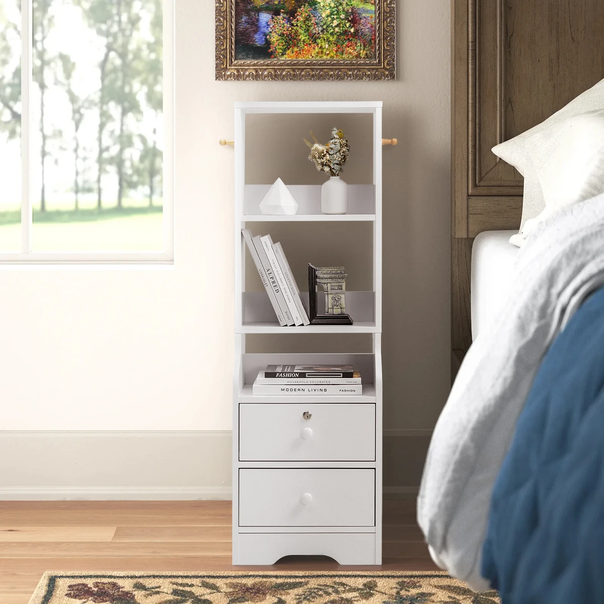 【Lifeideas】White Corner Bookshelf 3/4/5 Layers Wooden Ultra-thin Storage Rack with Lockable Drawer for Living Room Bedroom Hom