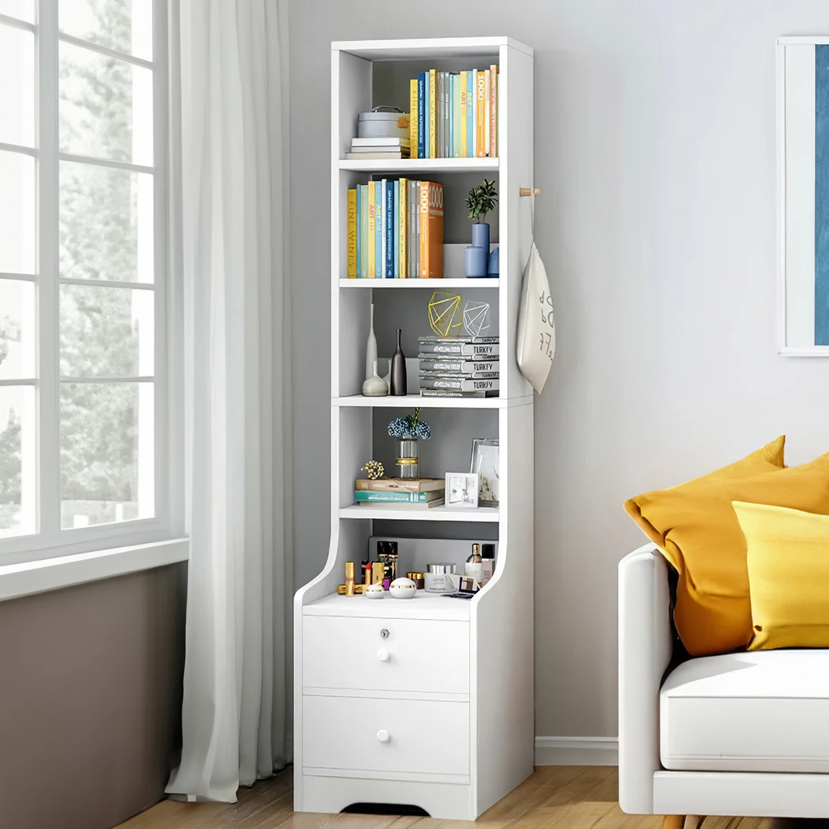 【Lifeideas】White Corner Bookshelf 3/4/5 Layers Wooden Ultra-thin Storage Rack with Lockable Drawer for Living Room Bedroom Hom
