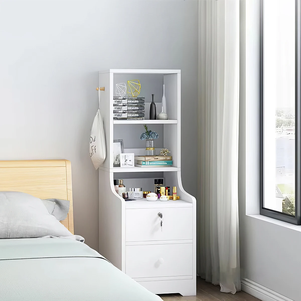 【Lifeideas】White Corner Bookshelf 3/4/5 Layers Wooden Ultra-thin Storage Rack with Lockable Drawer for Living Room Bedroom Hom