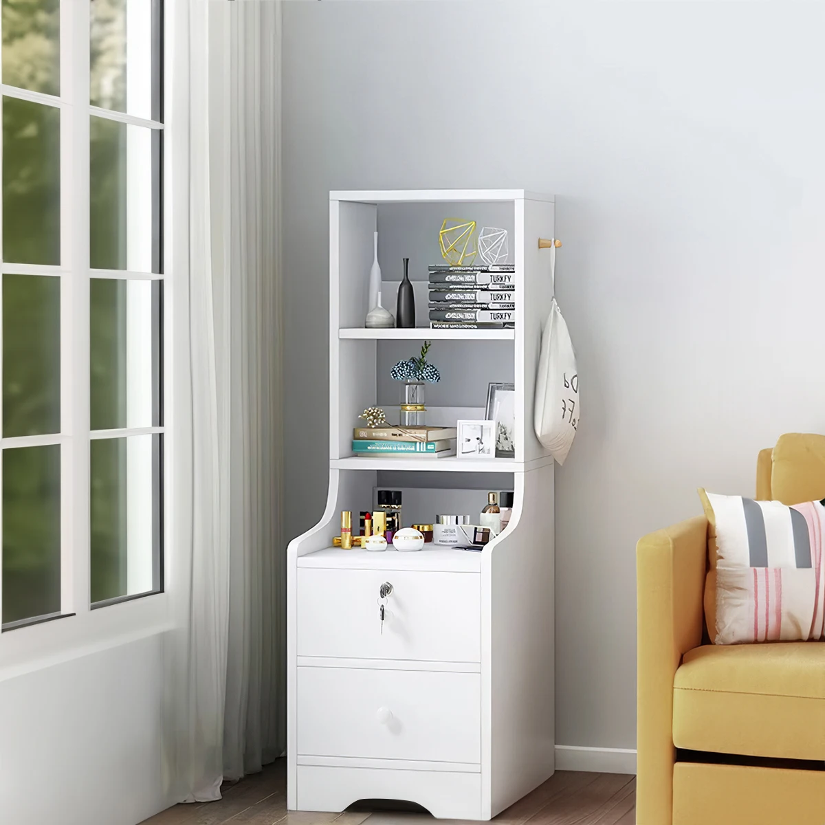 【Lifeideas】White Corner Bookshelf 3/4/5 Layers Wooden Ultra-thin Storage Rack with Lockable Drawer for Living Room Bedroom Hom