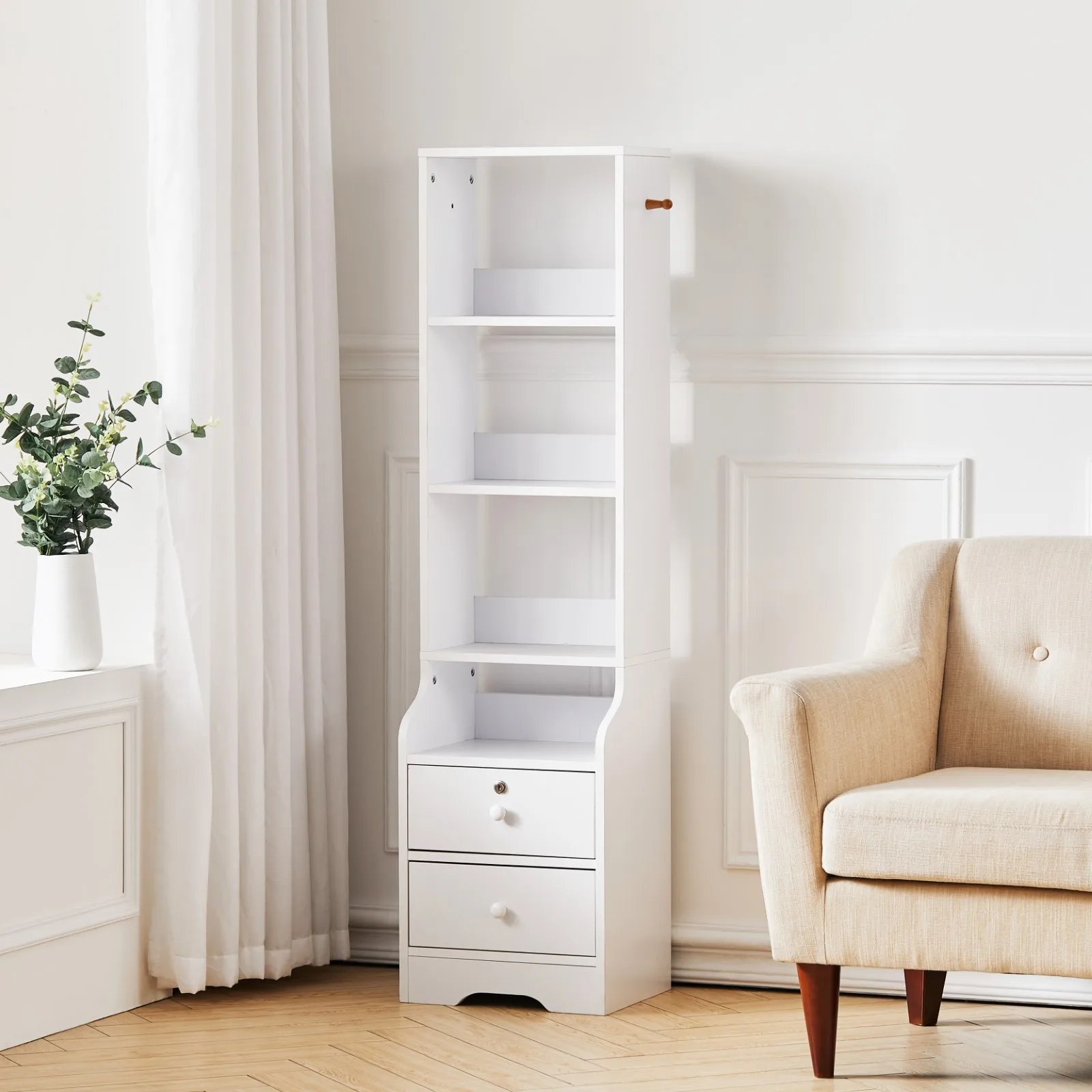 【Lifeideas】White Corner Bookshelf 3/4/5 Layers Wooden Ultra-thin Storage Rack with Lockable Drawer for Living Room Bedroom Hom