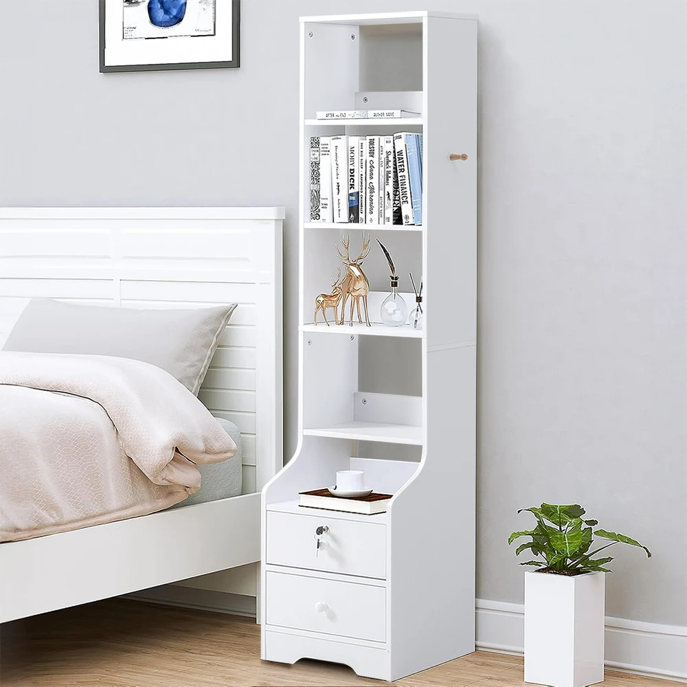 【Lifeideas】White Corner Bookshelf 3/4/5 Layers Wooden Ultra-thin Storage Rack with Lockable Drawer for Living Room Bedroom Hom