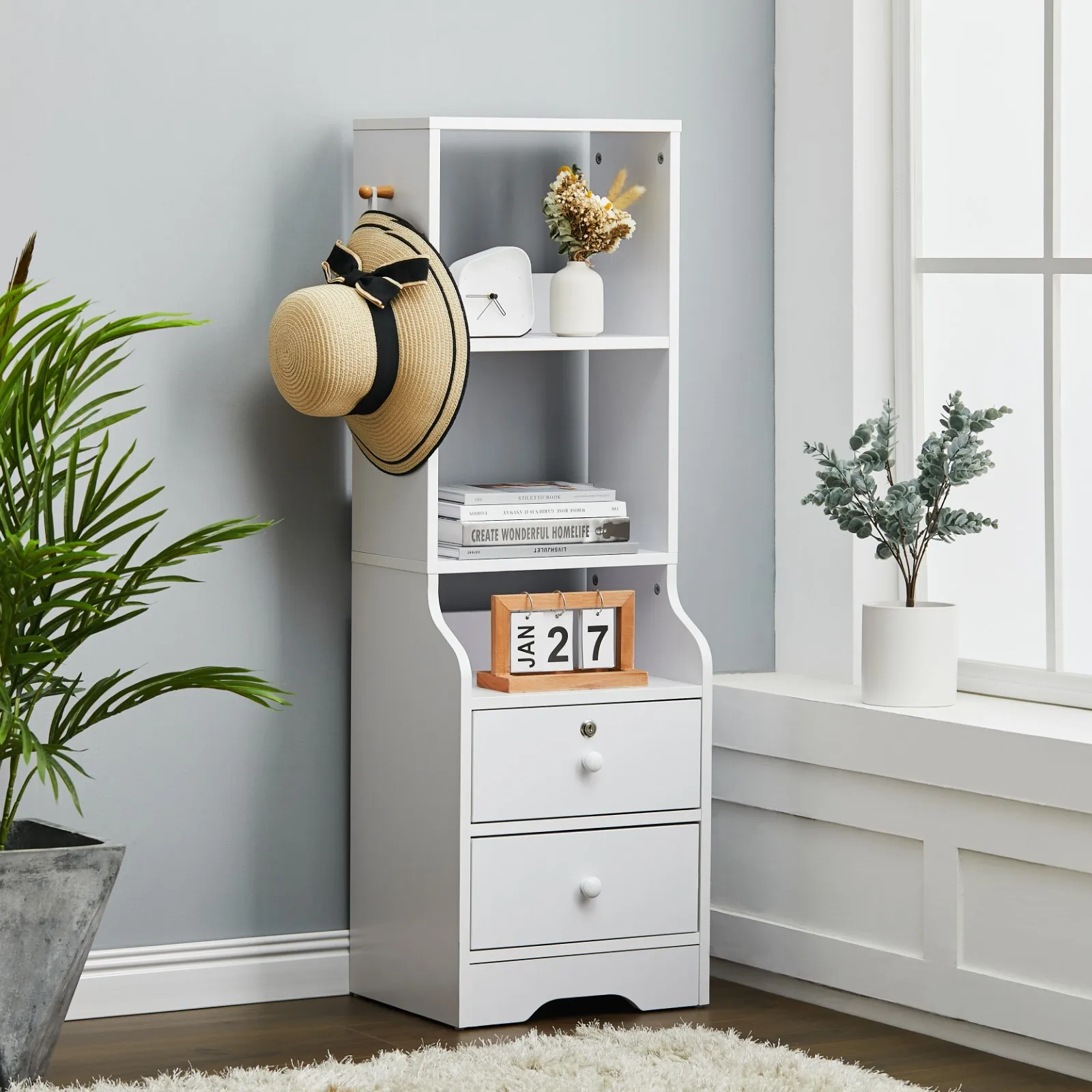 【Lifeideas】White Corner Bookshelf 3/4/5 Layers Wooden Ultra-thin Storage Rack with Lockable Drawer for Living Room Bedroom Hom