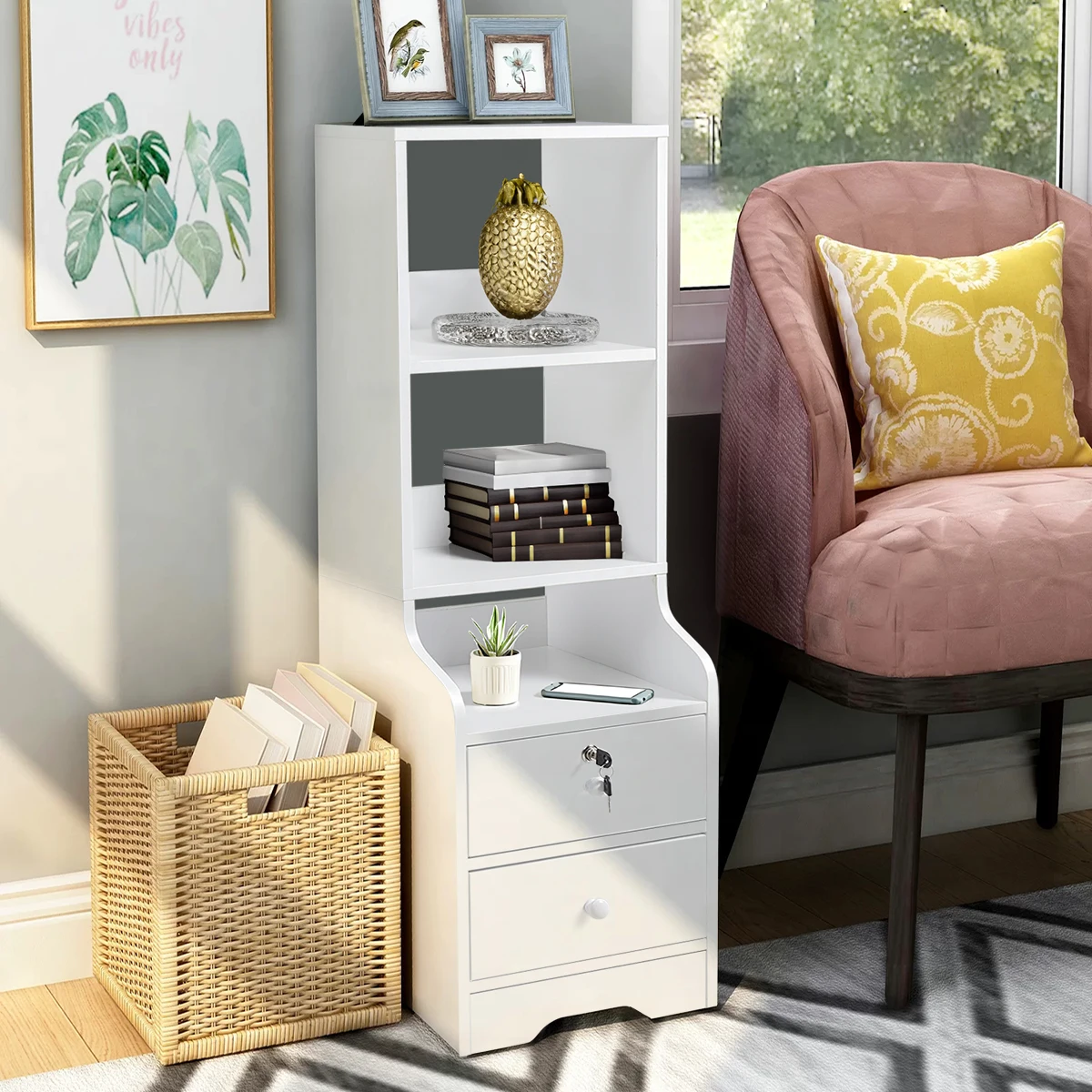 【Lifeideas】White Corner Bookshelf 3/4/5 Layers Wooden Ultra-thin Storage Rack with Lockable Drawer for Living Room Bedroom Hom