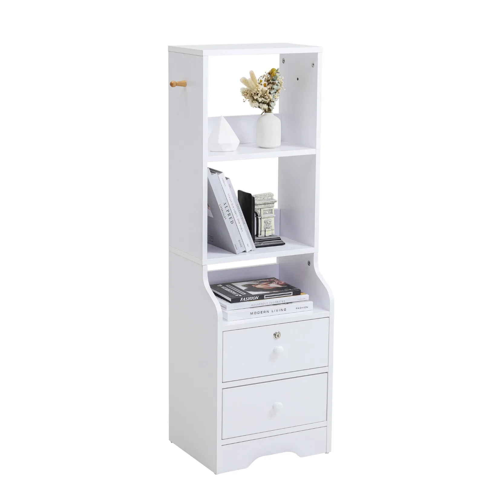 【Lifeideas】White Corner Bookshelf 3/4/5 Layers Wooden Ultra-thin Storage Rack with Lockable Drawer for Living Room Bedroom Hom