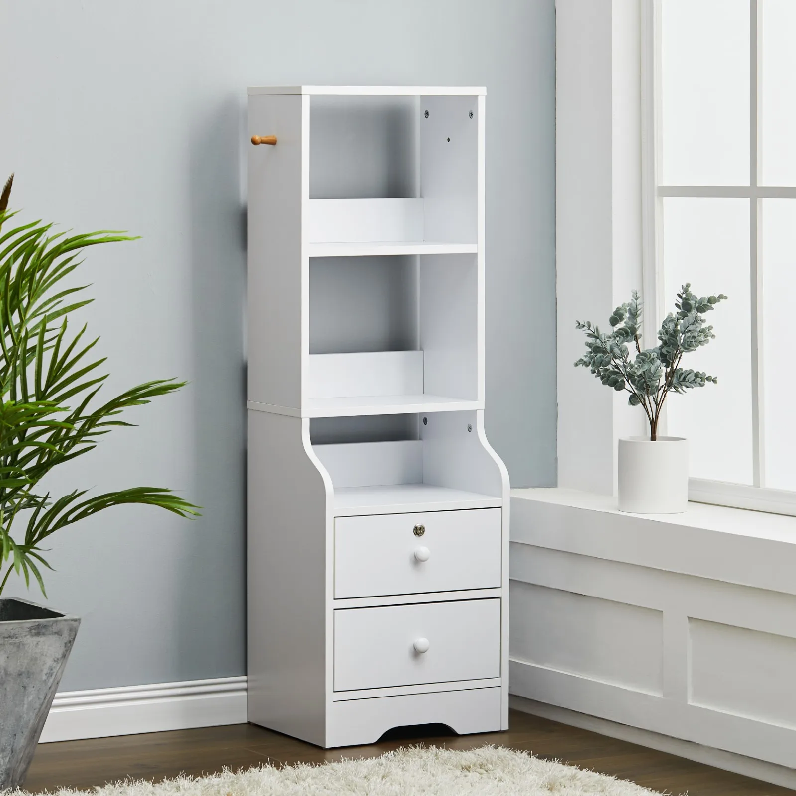 【Lifeideas】White Corner Bookshelf 3/4/5 Layers Wooden Ultra-thin Storage Rack with Lockable Drawer for Living Room Bedroom Hom