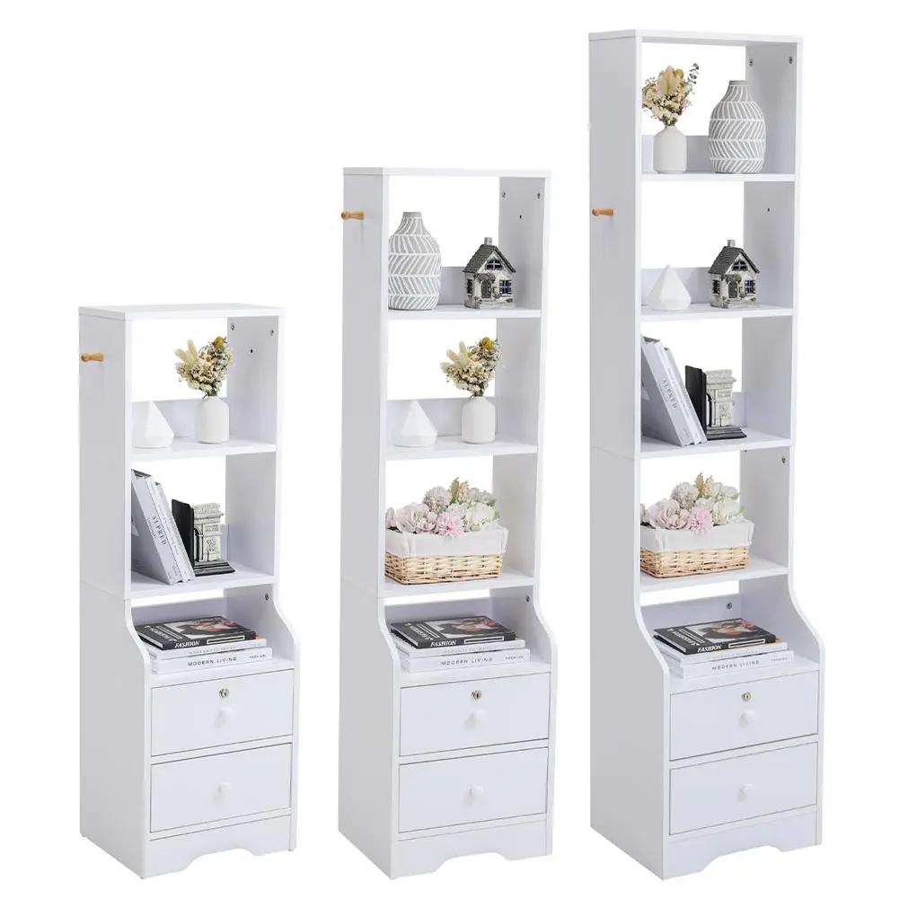 【Lifeideas】White Corner Bookshelf 3/4/5 Layers Wooden Ultra-thin Storage Rack with Lockable Drawer for Living Room Bedroom Hom
