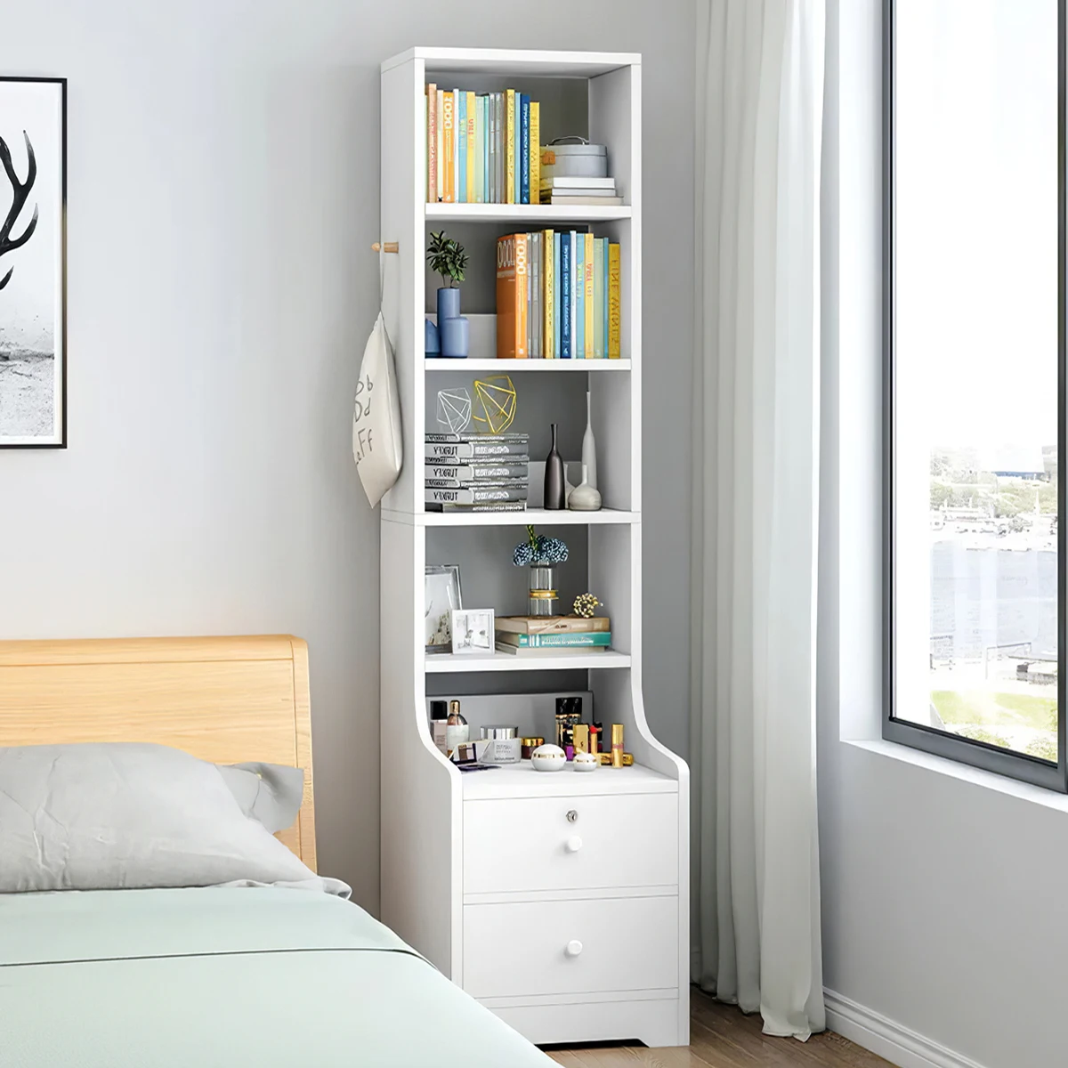 【Lifeideas】White Corner Bookshelf 3/4/5 Layers Wooden Ultra-thin Storage Rack with Lockable Drawer for Living Room Bedroom Hom