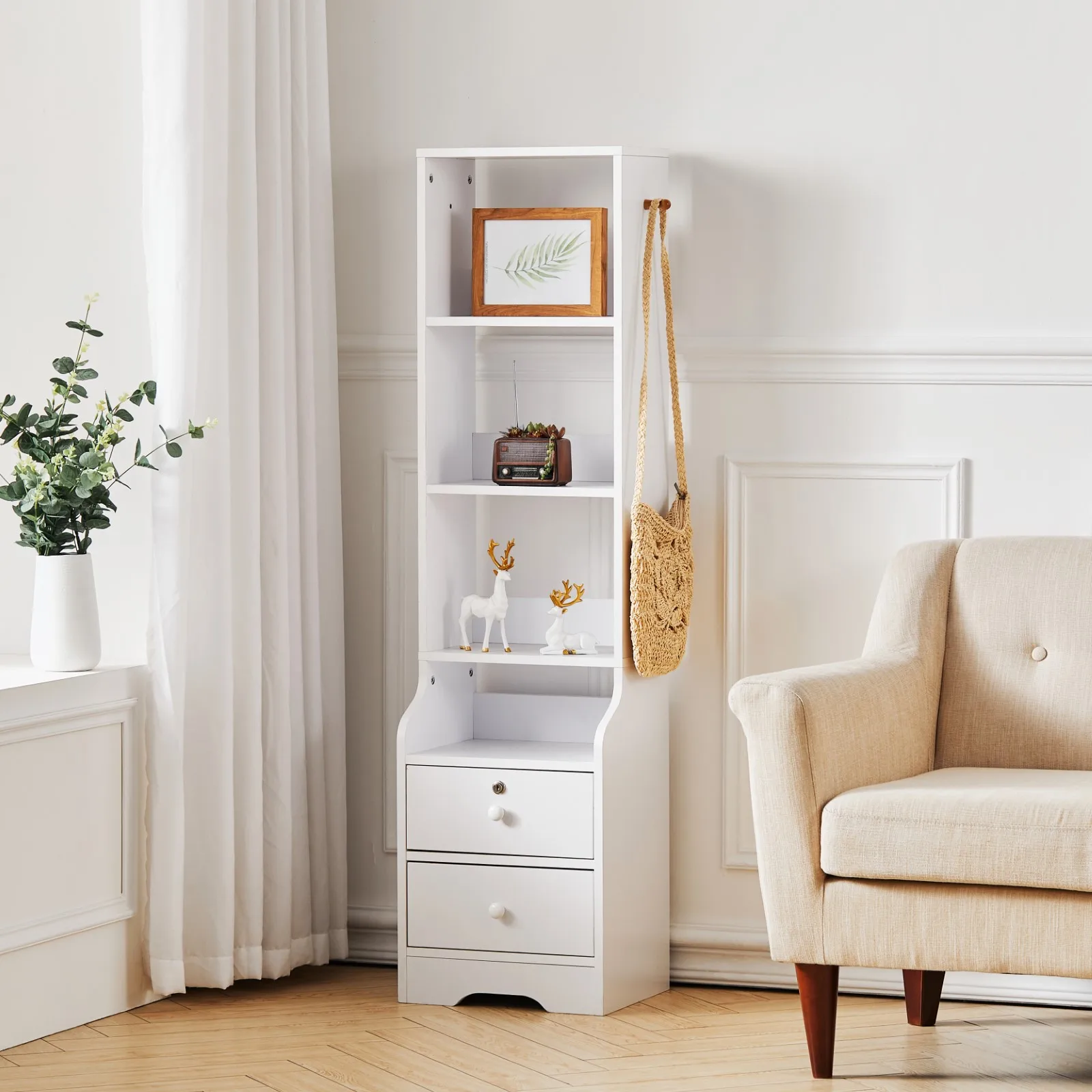 【Lifeideas】White Corner Bookshelf 3/4/5 Layers Wooden Ultra-thin Storage Rack with Lockable Drawer for Living Room Bedroom Hom